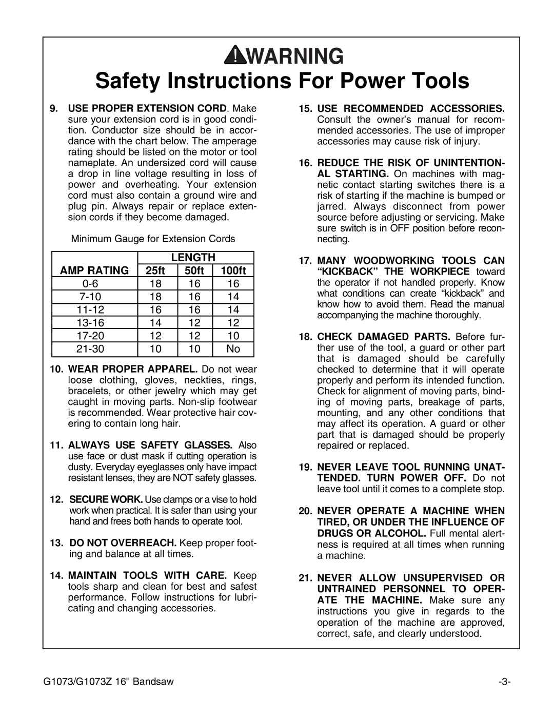 Grizzly G1073/G1073Z instruction manual Length AMP Rating 