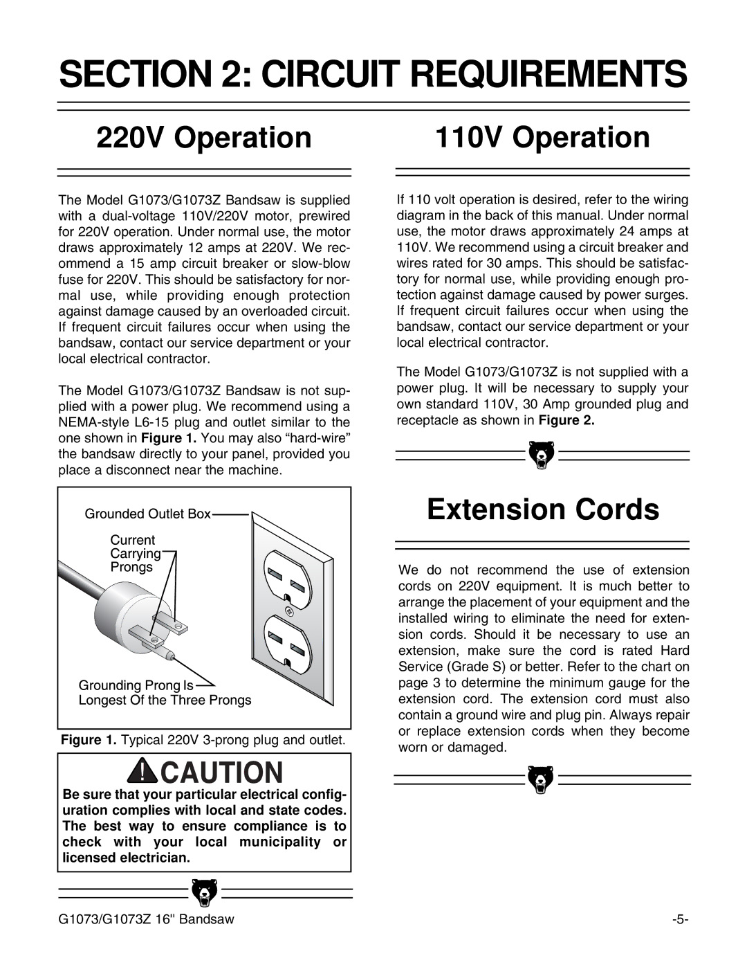 Grizzly G1073/G1073Z instruction manual Circuit Requirements, 220V Operation 110V Operation, Extension Cords 