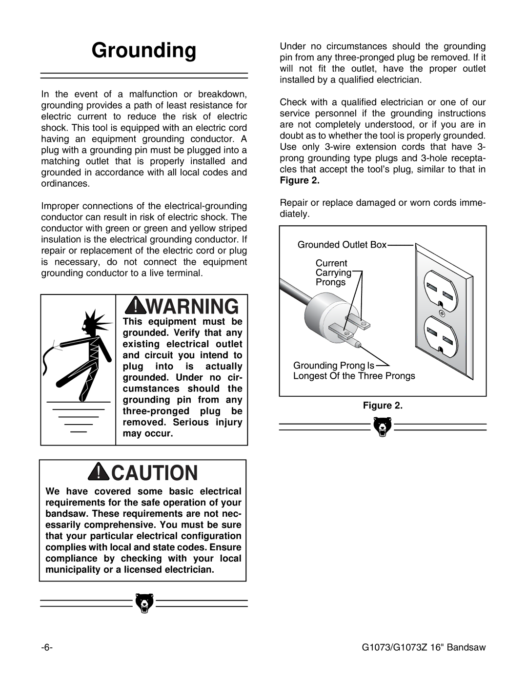 Grizzly G1073/G1073Z instruction manual Grounding 