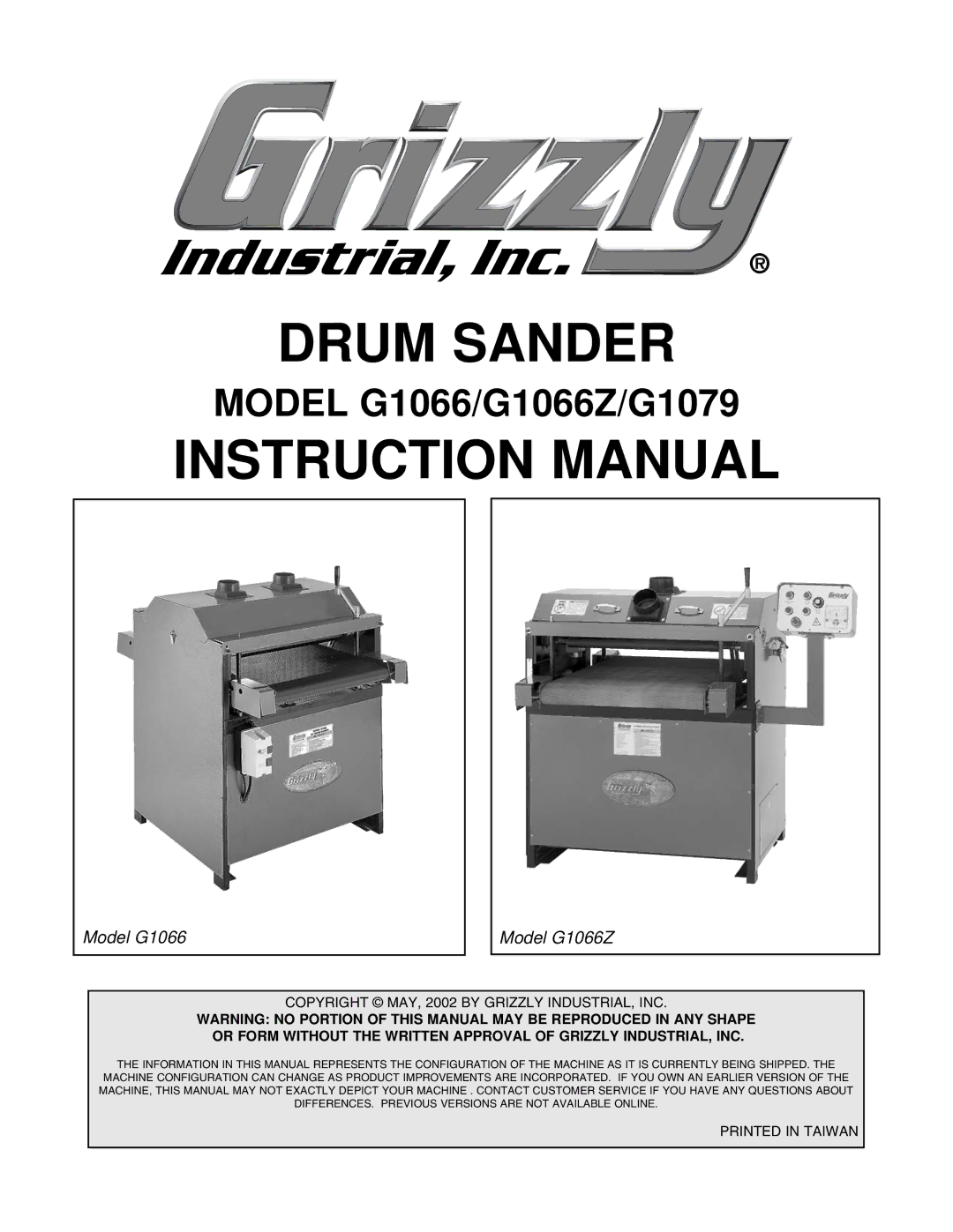 Grizzly instruction manual Drum Sander, Model G1066/G1066Z/G1079 