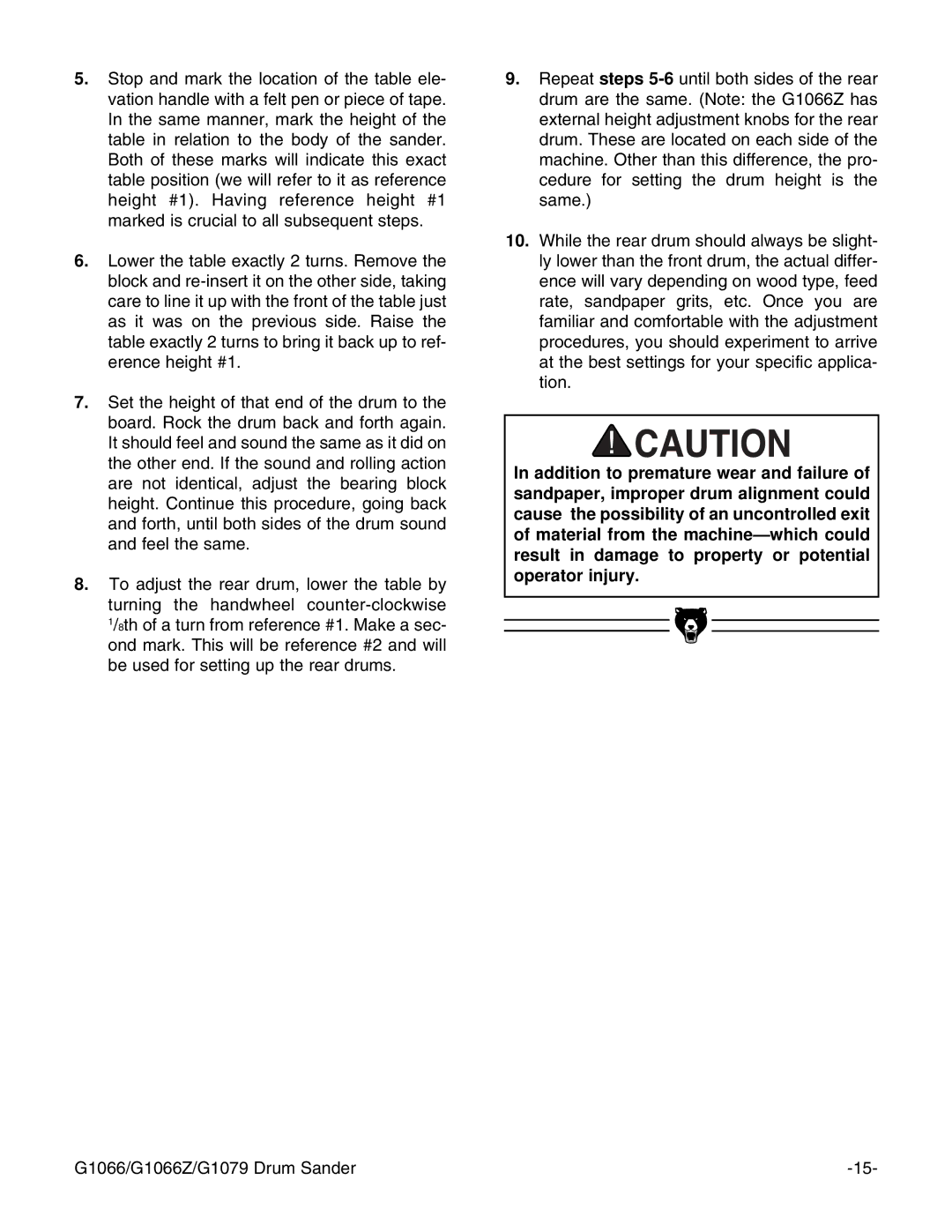 Grizzly instruction manual G1066/G1066Z/G1079 Drum Sander 