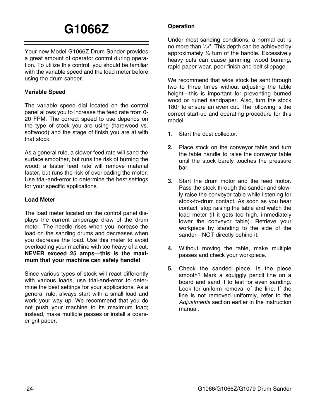 Grizzly G1079, G1066Z instruction manual Variable Speed 