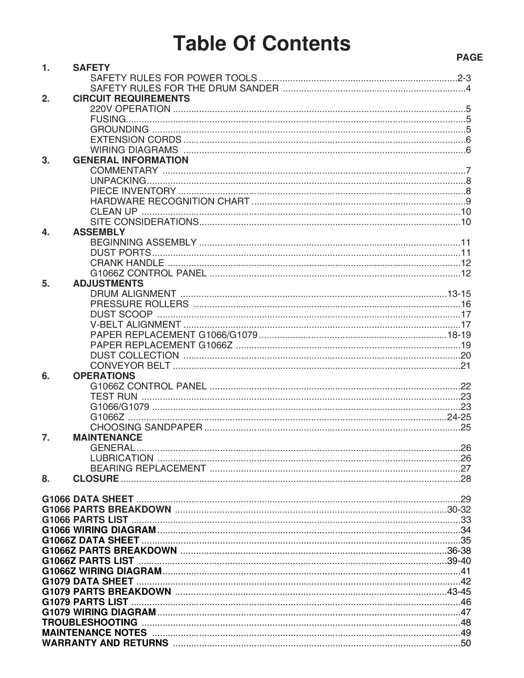 Grizzly G1066Z, G1079 instruction manual Table Of Contents 