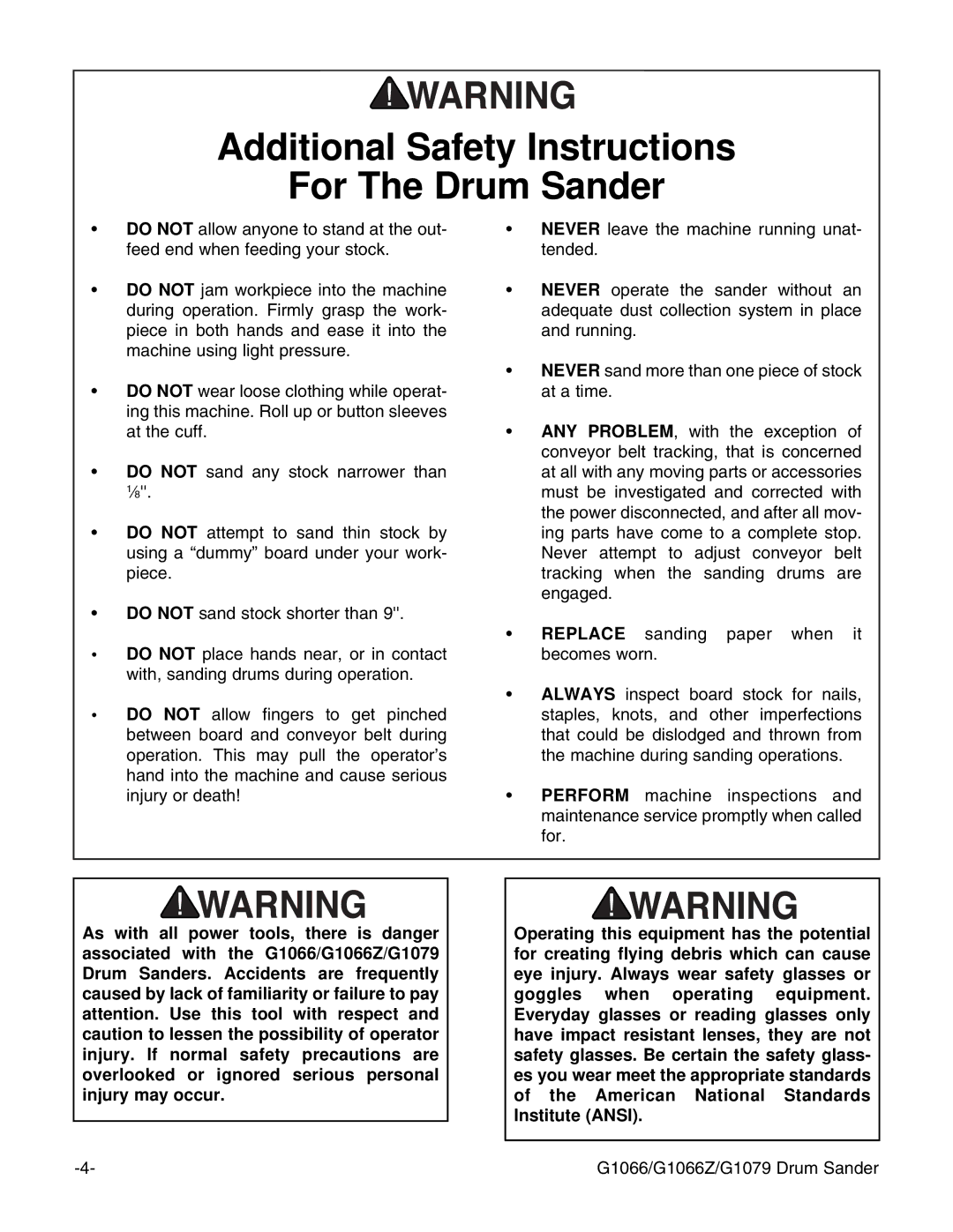 Grizzly G1079, G1066Z instruction manual Additional Safety Instructions For The Drum Sander 