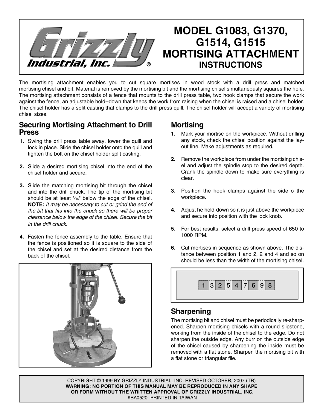 Grizzly G1083 manual Instructions, Securing Mortising Attachment to Drill Press, Sharpening 