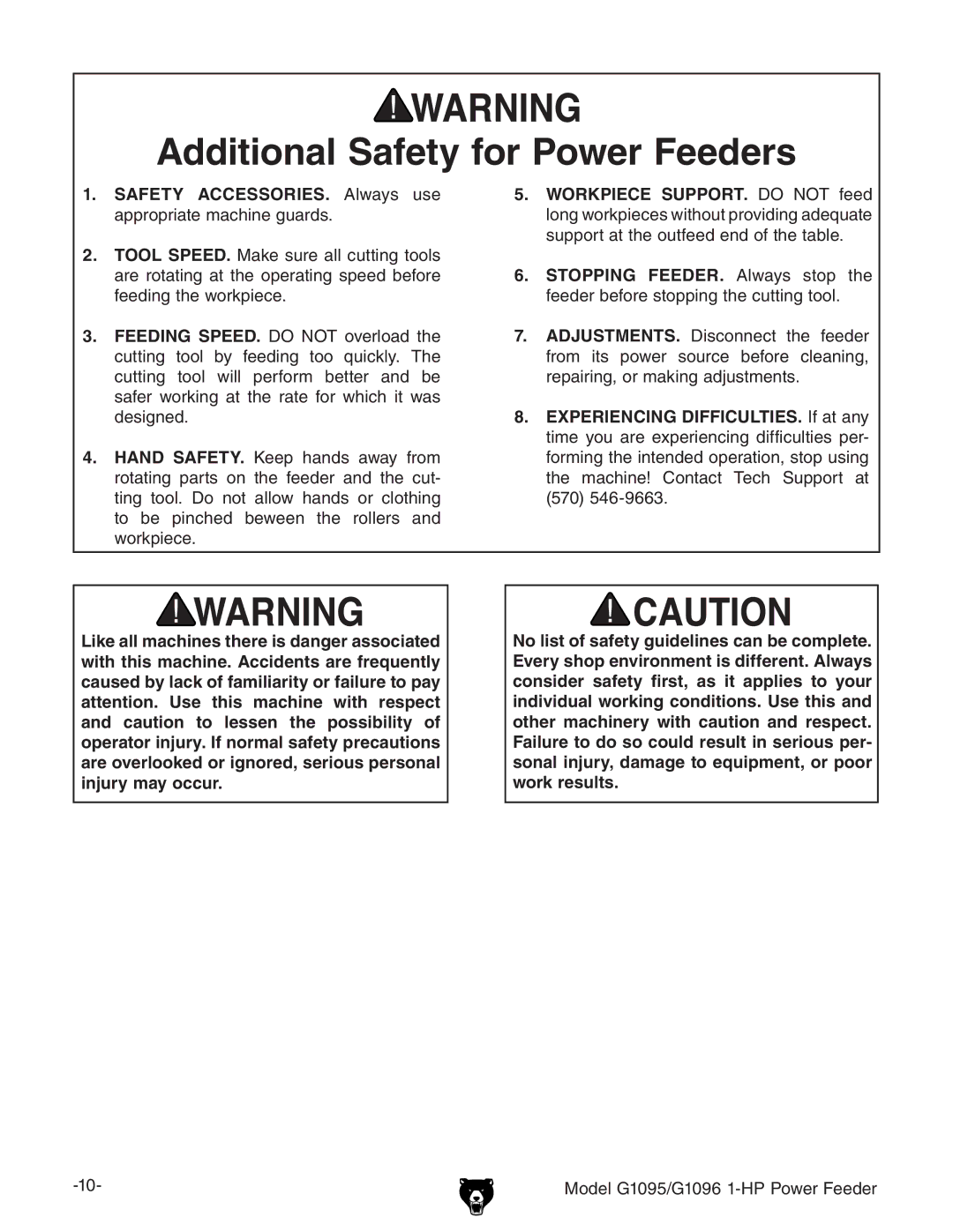 Grizzly G1095/G1096 owner manual Additional Safety for Power Feeders 