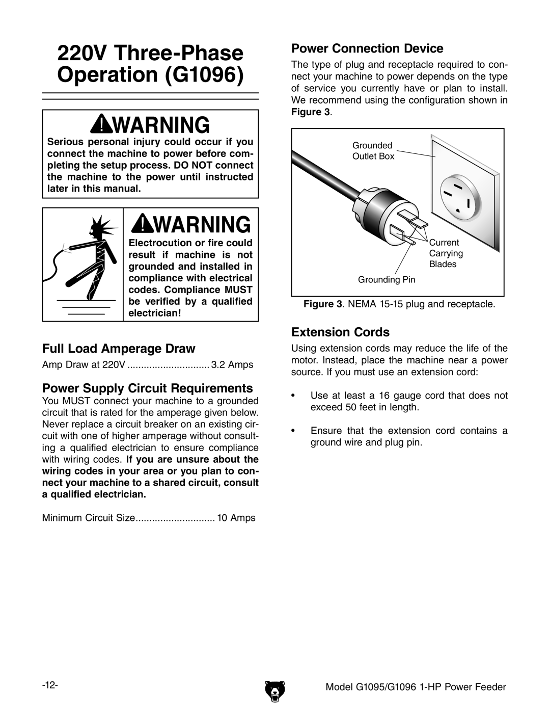 Grizzly G1095/G1096 owner manual 220V Three-Phase Operation G1096, Nema 15-15 plug and receptacle 