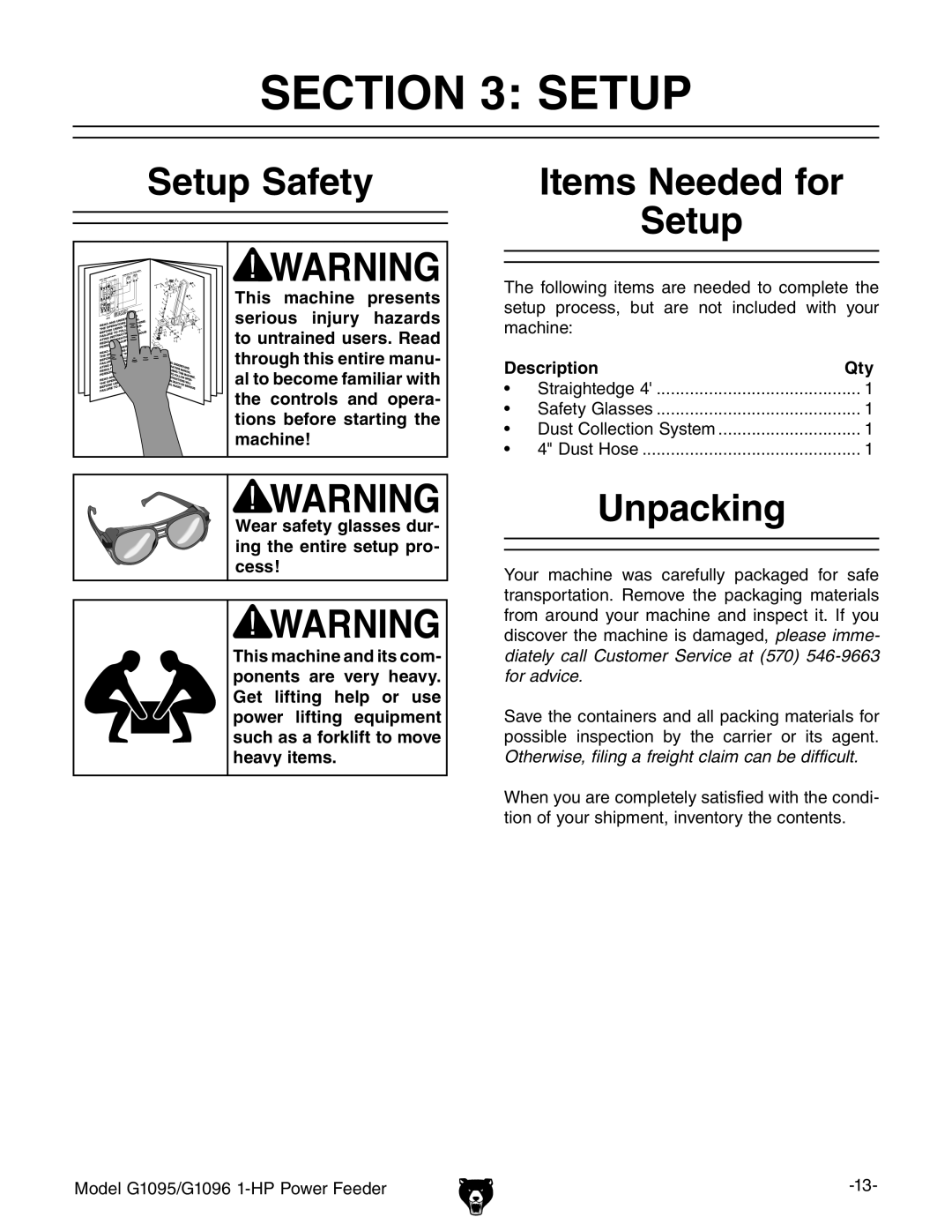 Grizzly G1095/G1096 owner manual Setup Safety, Items Needed for Setup, Unpacking, Description Qty 