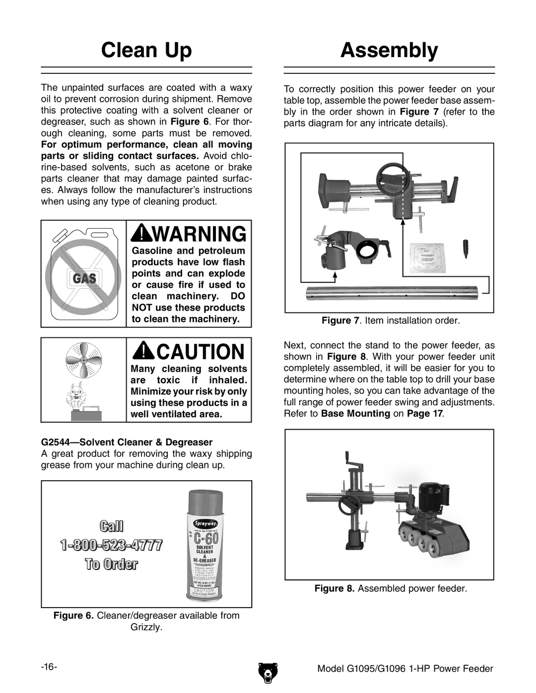 Grizzly owner manual Clean Up Assembly, Assembled power feeder Model G1095/G1096 1-HP Power Feeder 