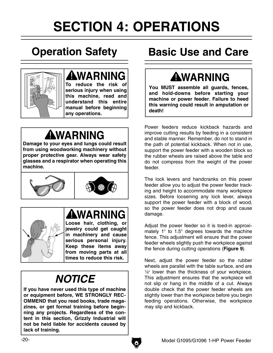 Grizzly G1095/G1096 owner manual Operations, Operation Safety Basic Use and Care 