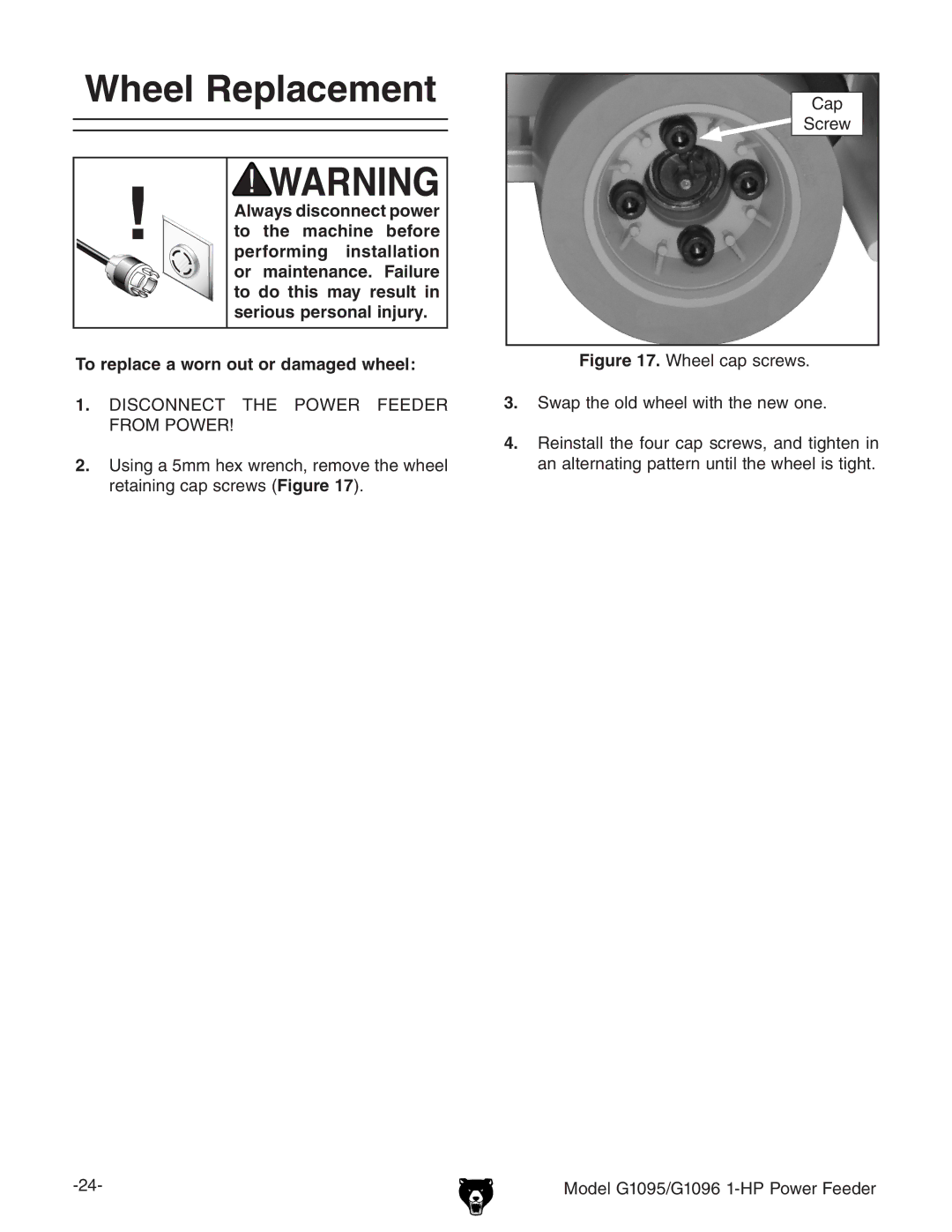 Grizzly G1095/G1096 owner manual Wheel Replacement 