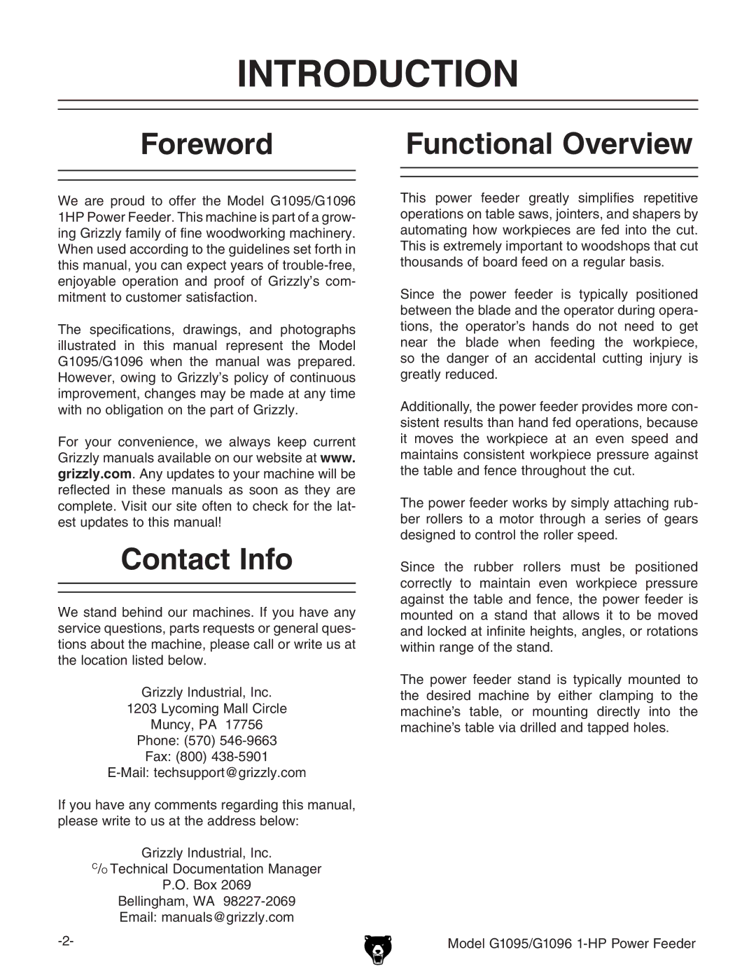 Grizzly G1095/G1096 owner manual Introduction, Foreword Functional Overview, Contact Info 