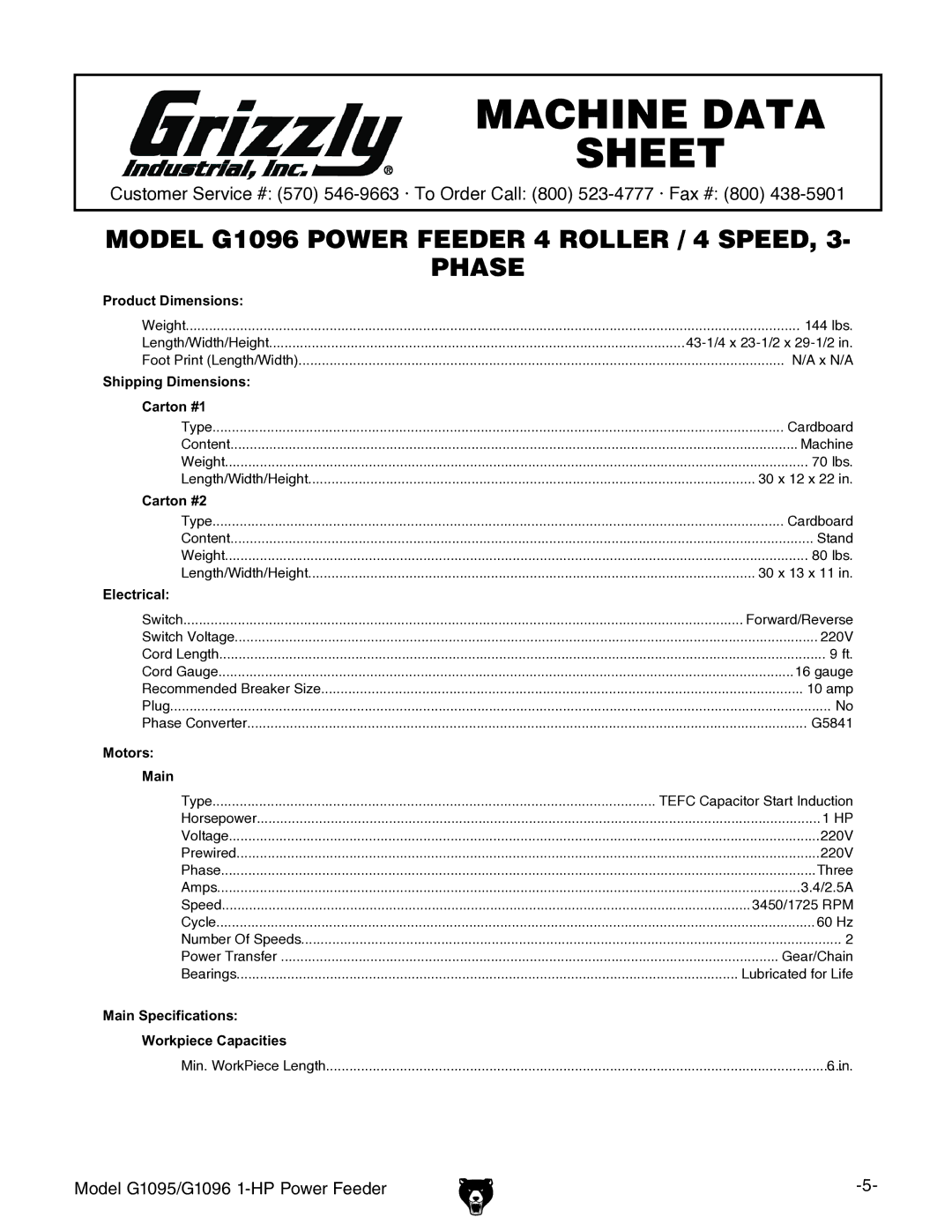 Grizzly G1095/G1096 owner manual Model G1096 Power Feeder 4 Roller / 4 Speed Phase 