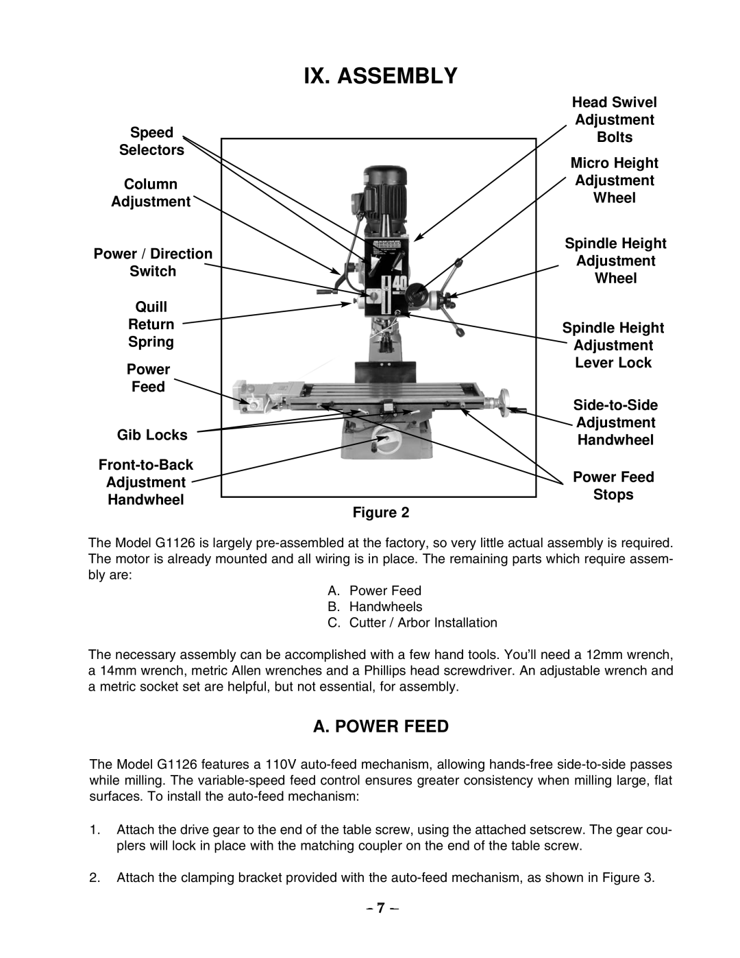 Grizzly G1126 instruction manual IX. Assembly, Power Feed 