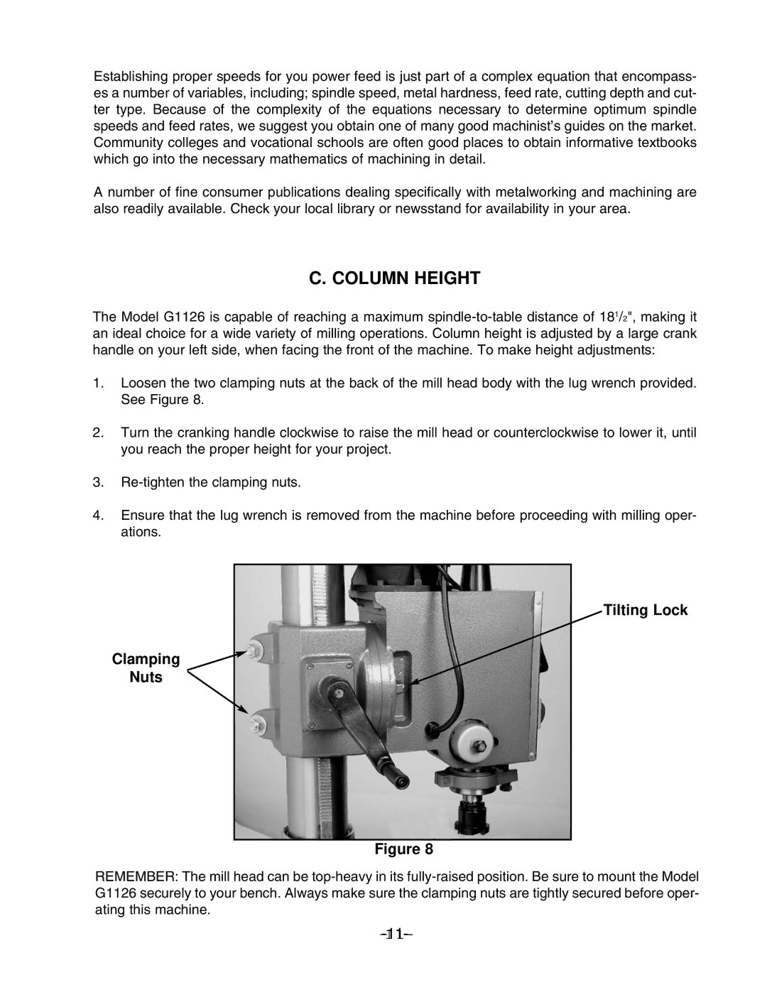 Grizzly G1126 instruction manual Column Height, Clamping Nuts Tilting Lock 