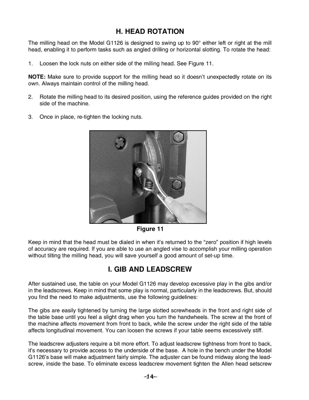 Grizzly G1126 instruction manual Head Rotation, GIB and Leadscrew 