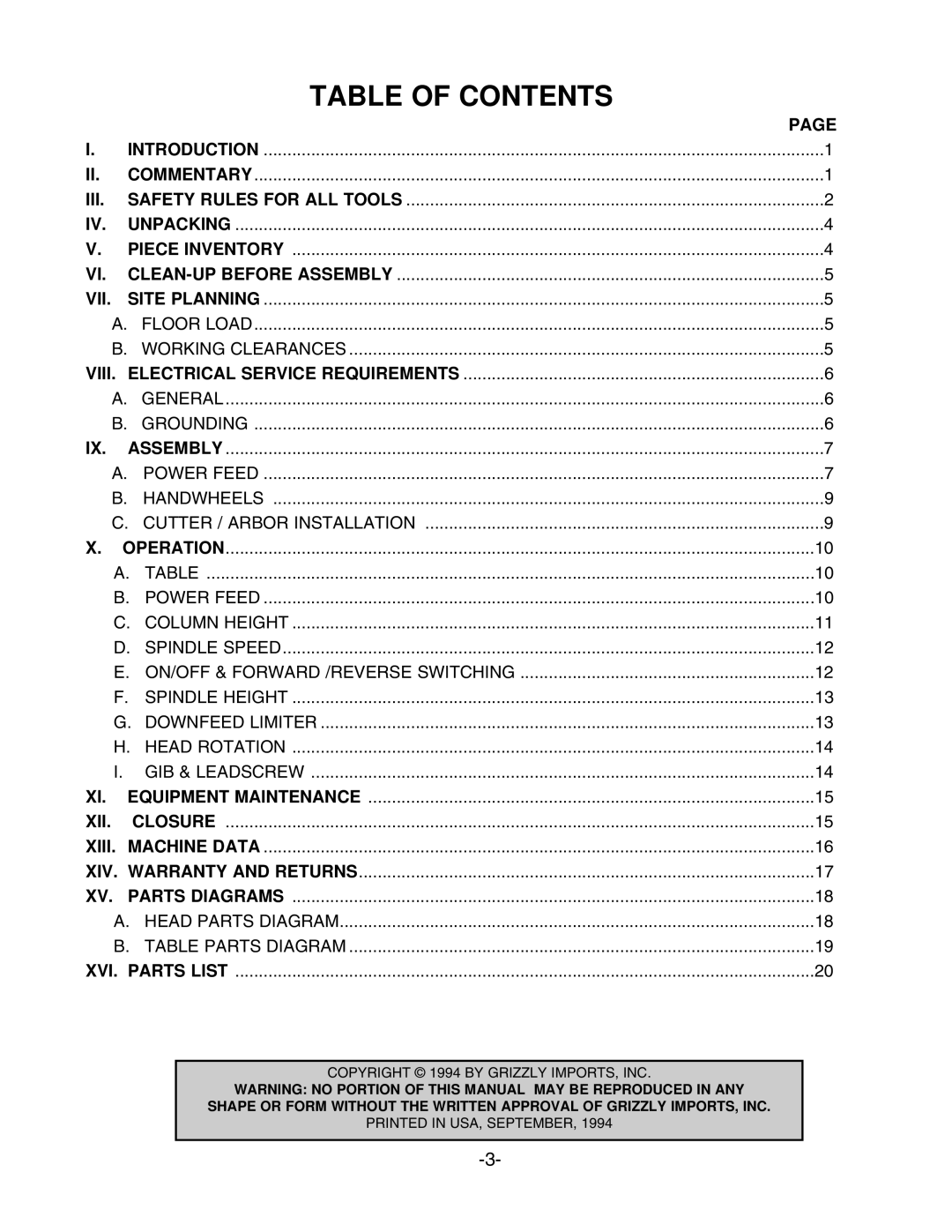 Grizzly G1126 instruction manual Table of Contents 