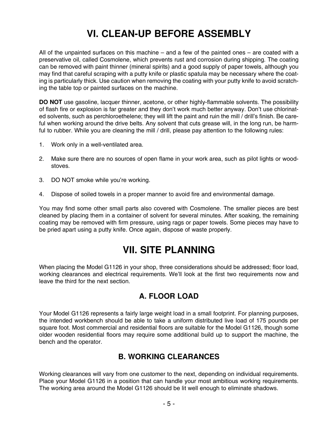 Grizzly G1126 instruction manual VI. CLEAN-UP Before Assembly, VII. Site Planning, Floor Load, Working Clearances 