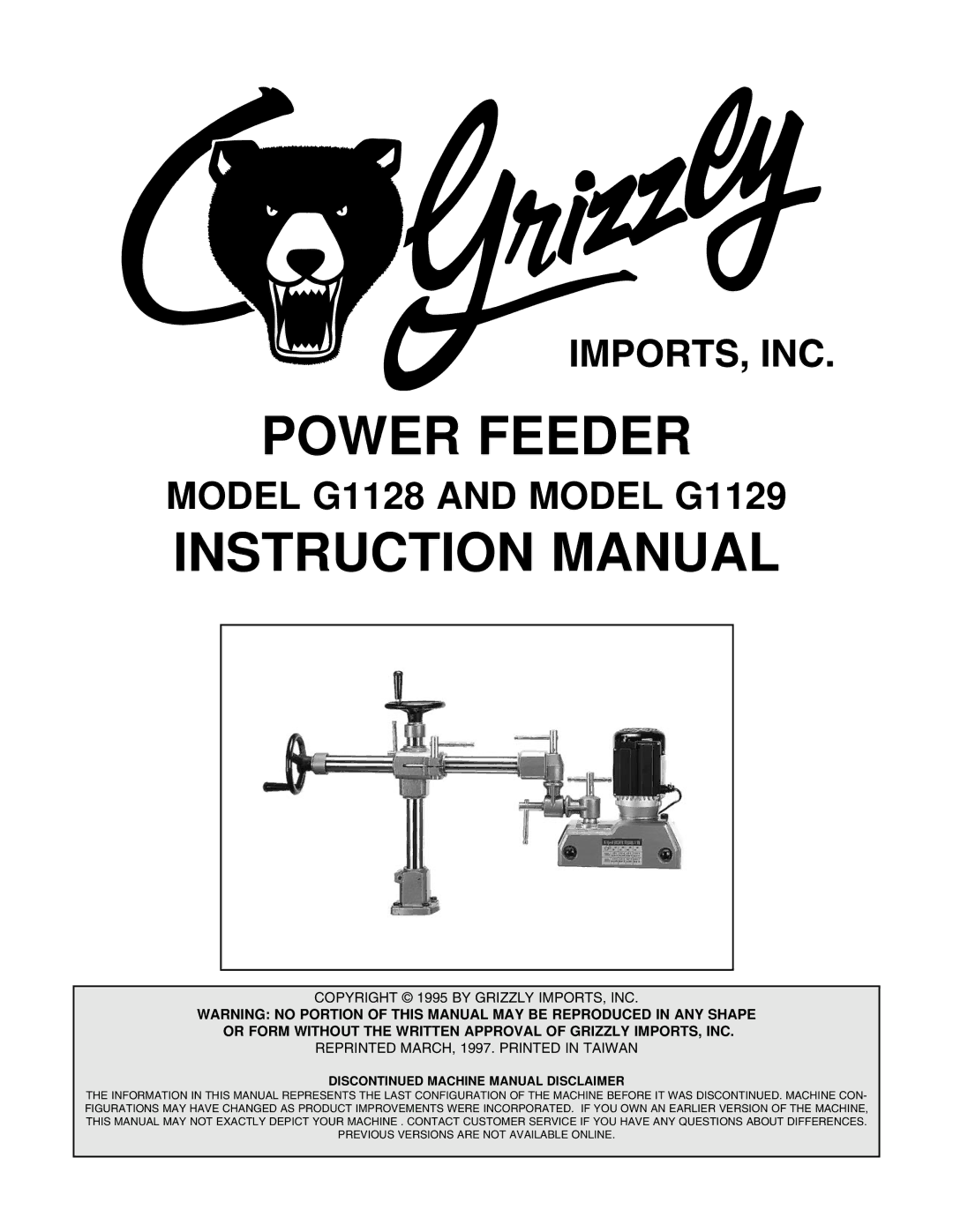 Grizzly G1128 instruction manual Power Feeder 