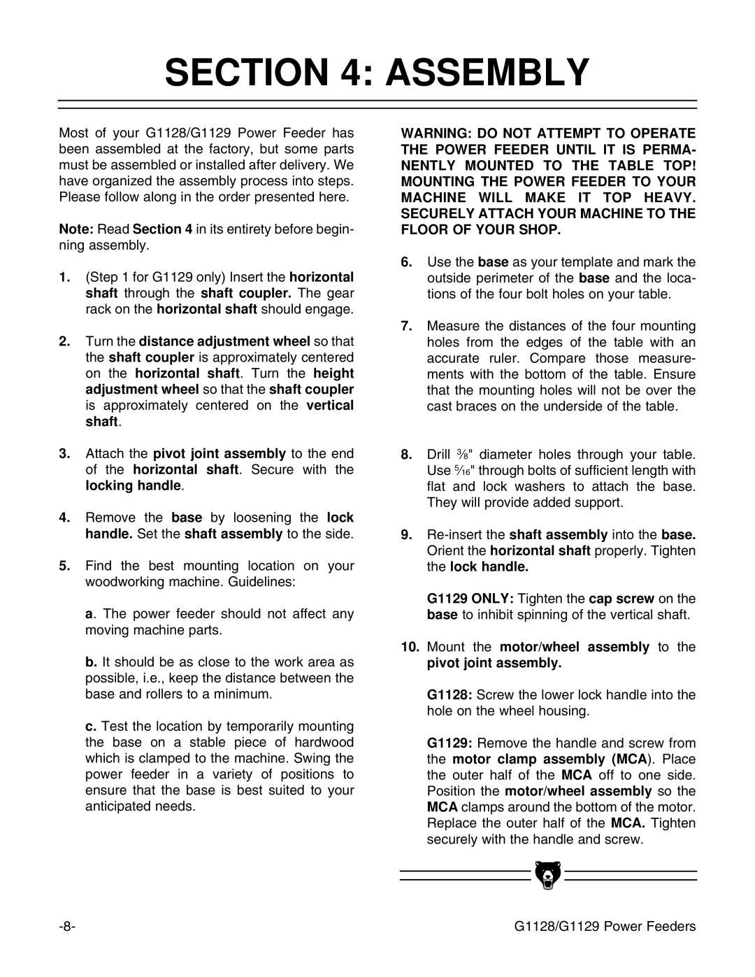 Grizzly G1128 instruction manual Assembly, Mount the motor/wheel assembly to the pivot joint assembly 