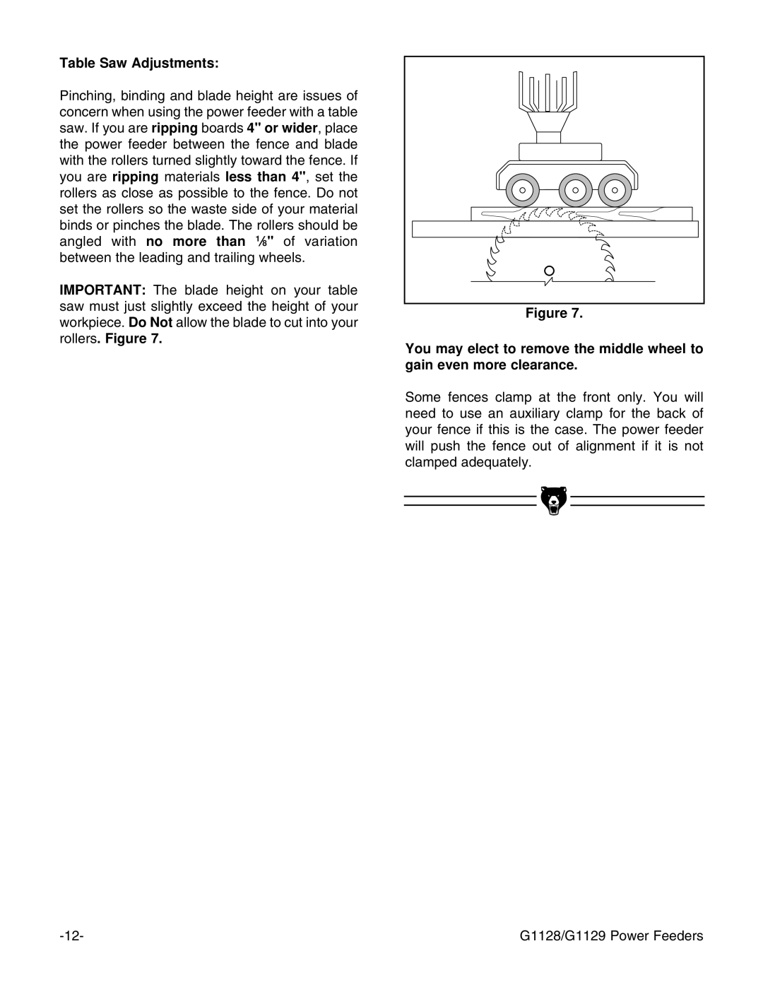 Grizzly G1128 instruction manual Table Saw Adjustments 