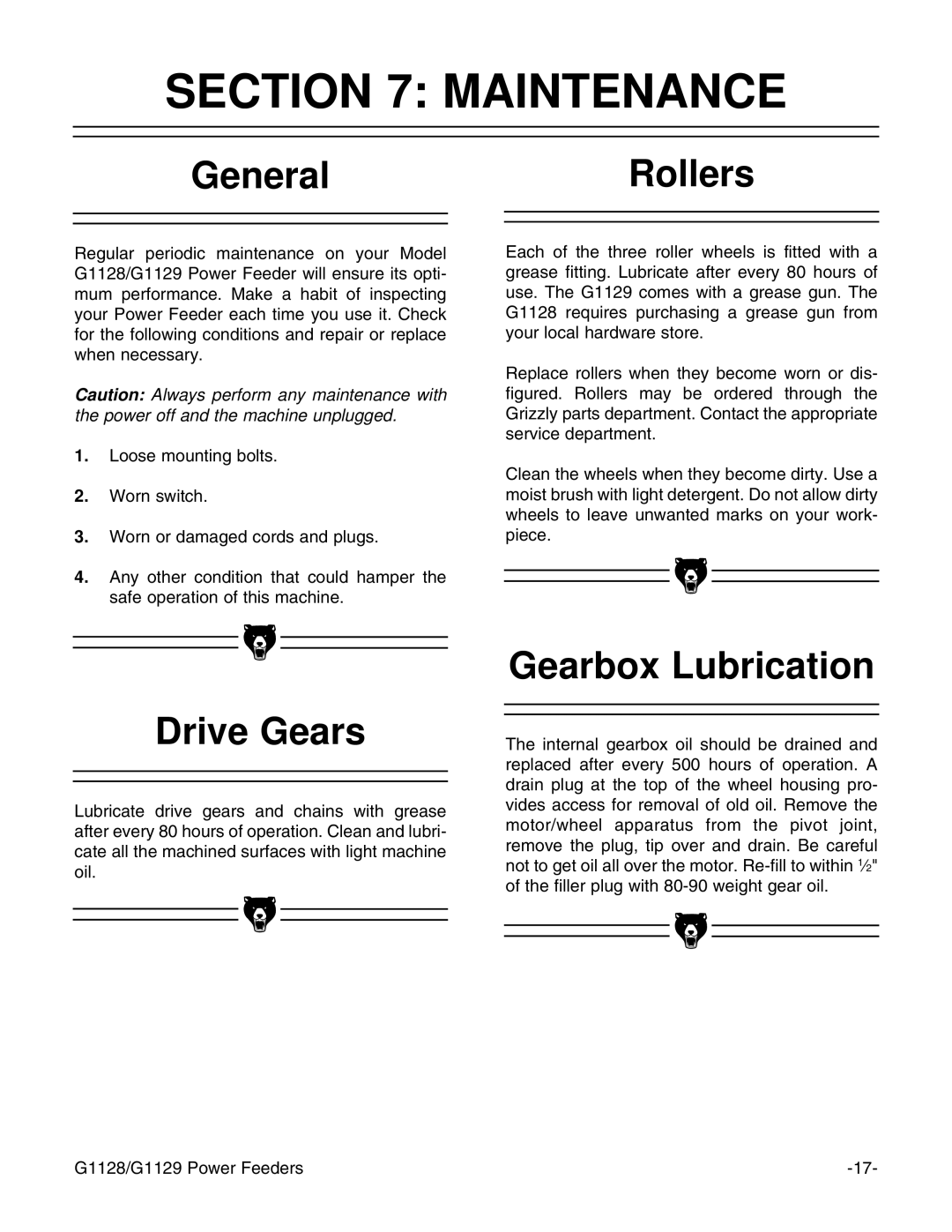 Grizzly G1128 instruction manual Maintenance, GeneralRollers, Drive Gears, Gearbox Lubrication 