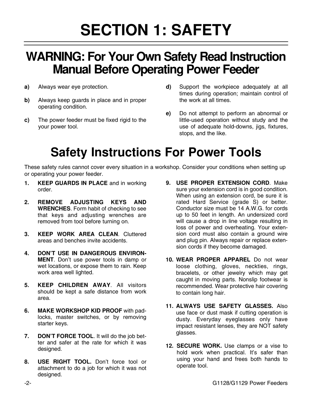 Grizzly G1128 instruction manual Manual Before Operating Power Feeder, Safety Instructions For Power Tools 