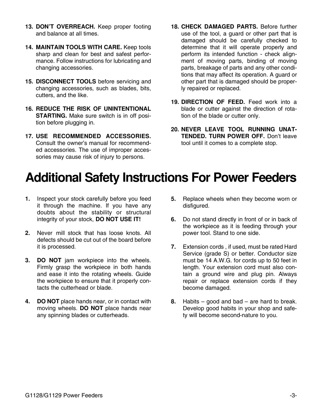 Grizzly G1128 instruction manual Additional Safety Instructions For Power Feeders 