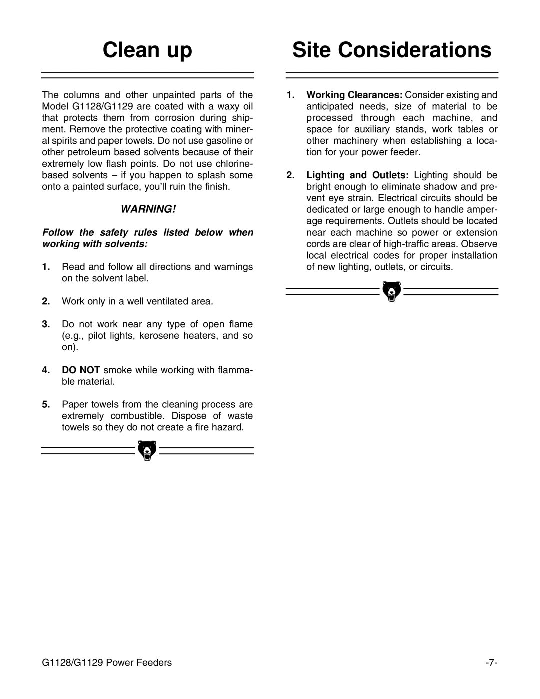 Grizzly G1128 instruction manual Clean up Site Considerations 