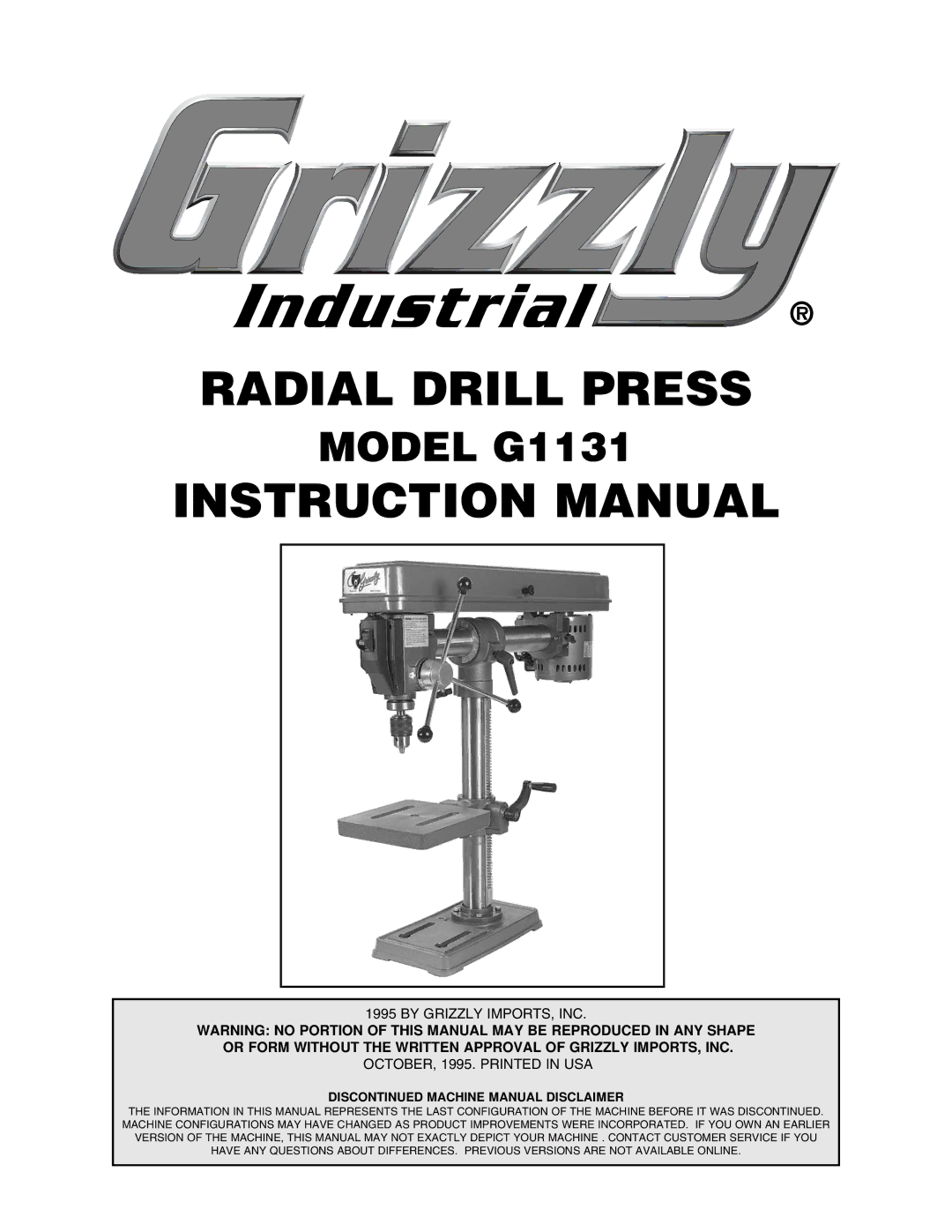 Grizzly G1131 instruction manual Radial Drill Press 