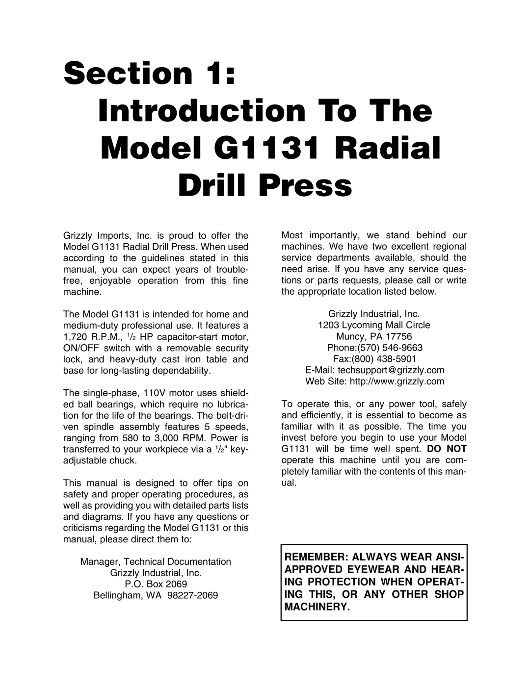 Grizzly instruction manual Section Introduction To Model G1131 Radial Drill Press 