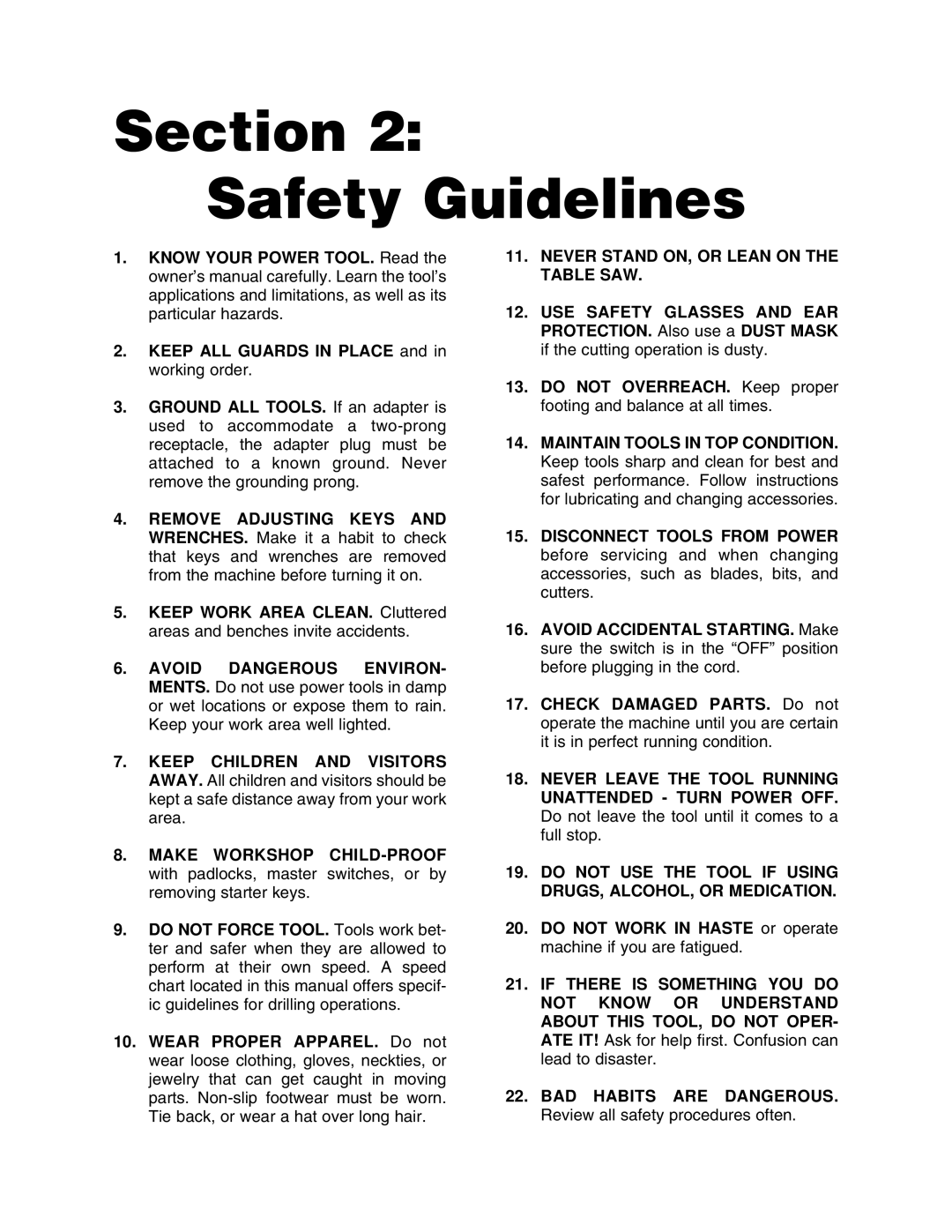 Grizzly G1131 instruction manual Section Safety Guidelines, Never Stand ON, or Lean on the Table SAW 