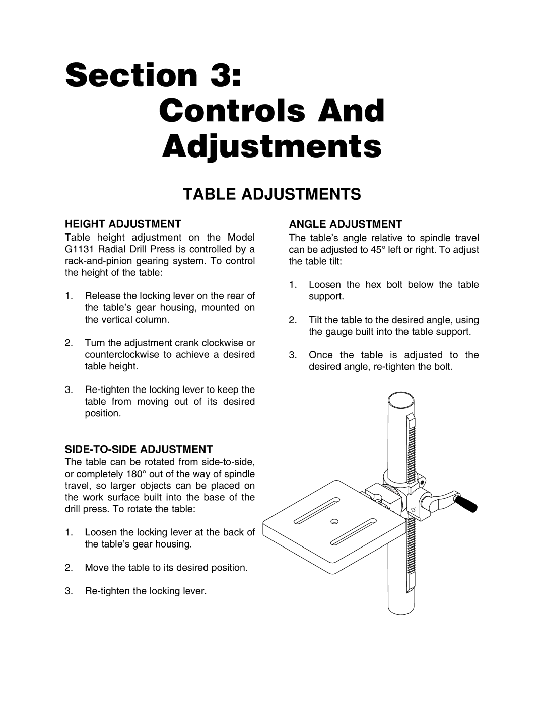 Grizzly G1131 instruction manual Section Controls Adjustments, Table Adjustments 