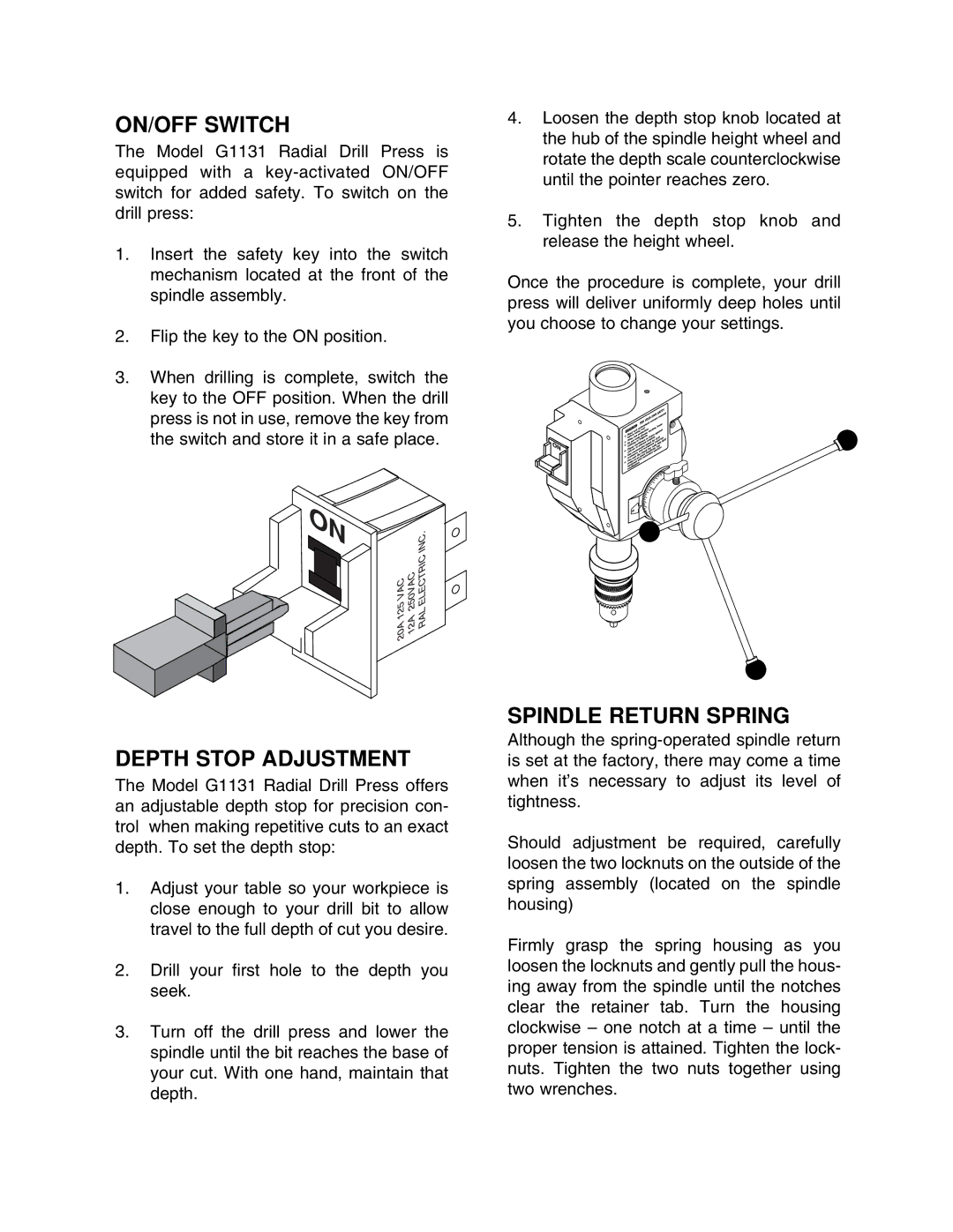 Grizzly G1131 instruction manual ON/OFF Switch, Depth Stop Adjustment, Spindle Return Spring 