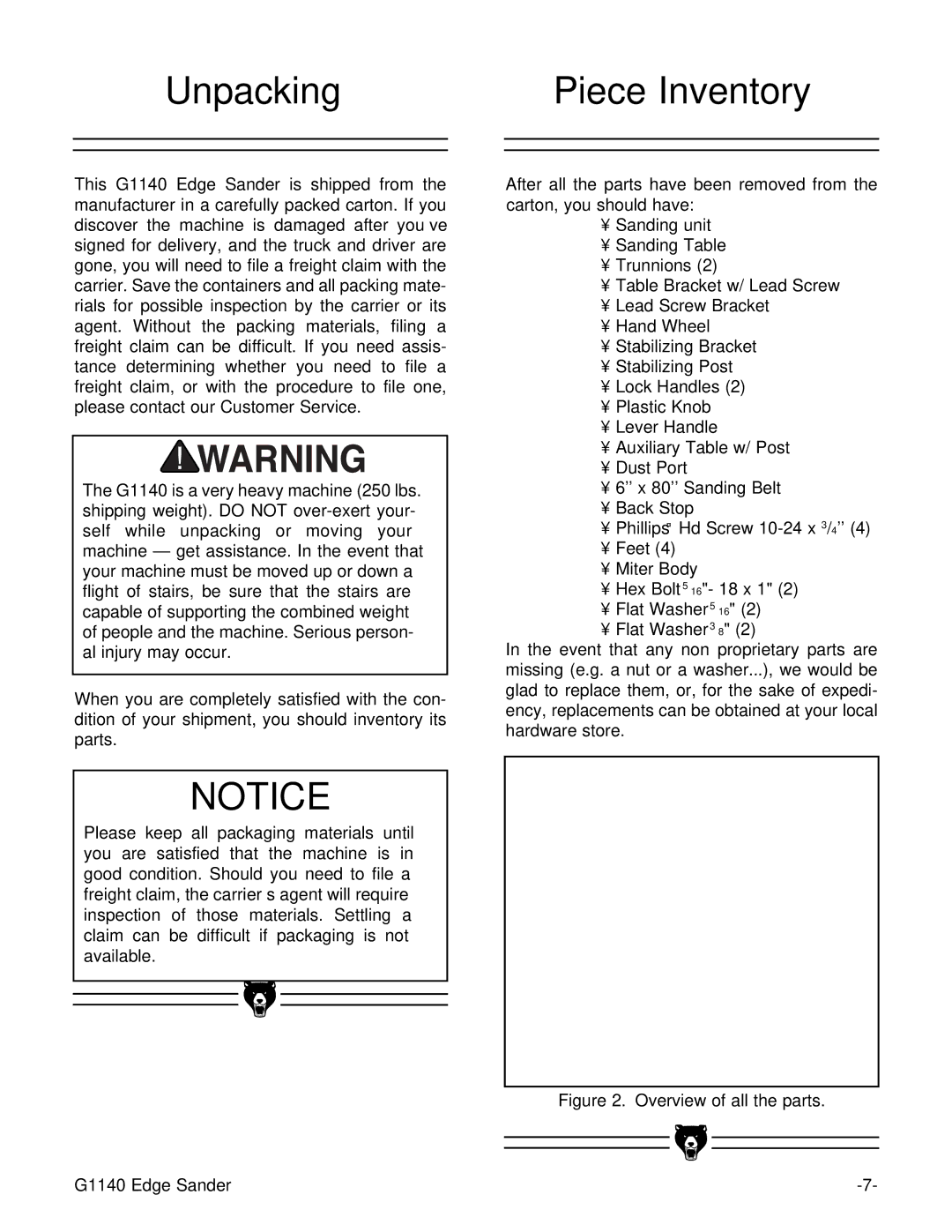 Grizzly G1140 instruction manual Unpacking, Piece Inventory 