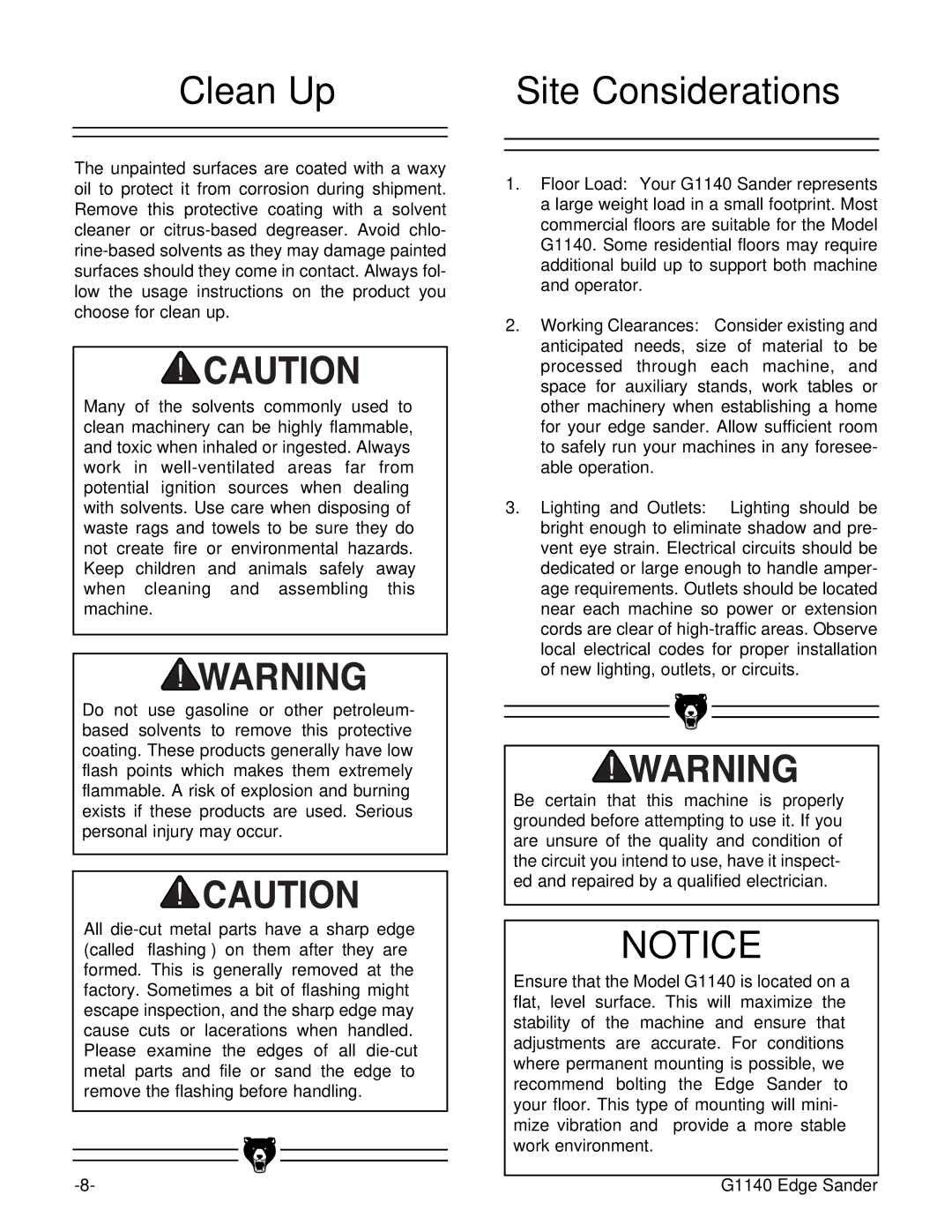 Grizzly G1140 instruction manual Clean Up Site Considerations 