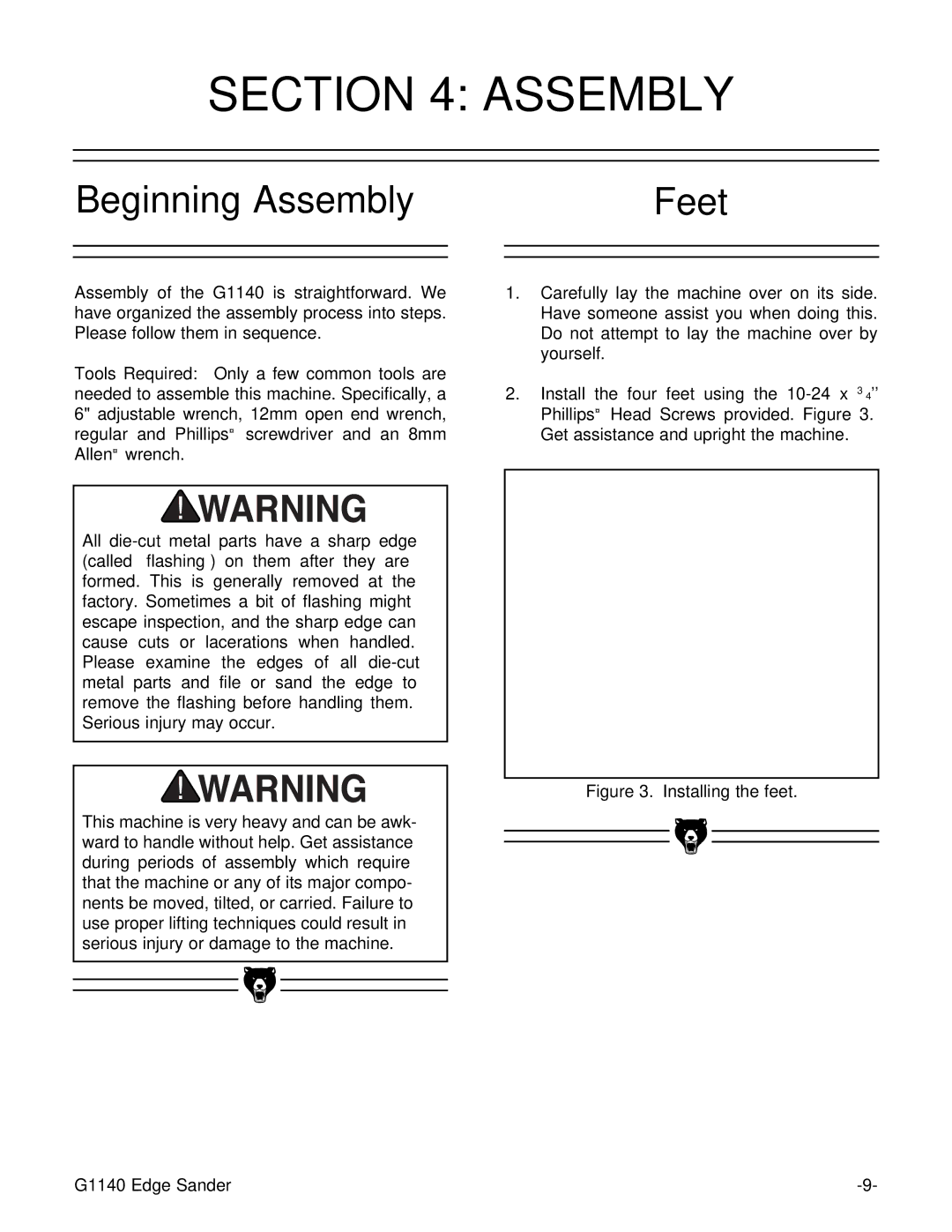 Grizzly G1140 instruction manual Beginning Assembly Feet 