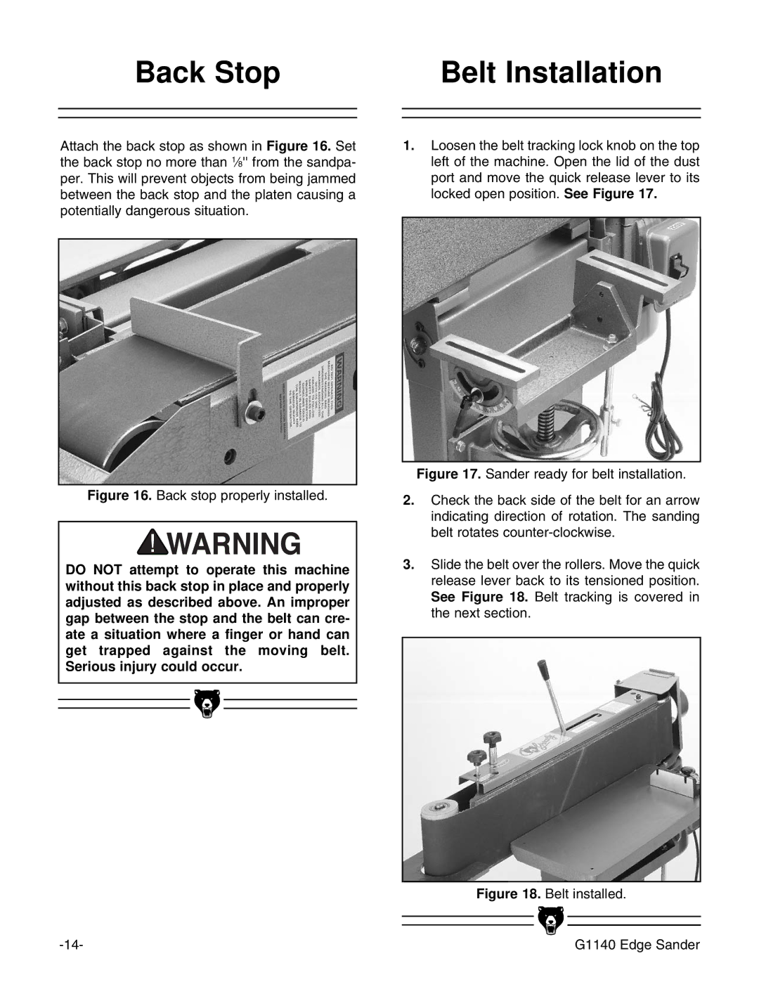 Grizzly G1140 instruction manual Back Stop Belt Installation, Back stop properly installed 