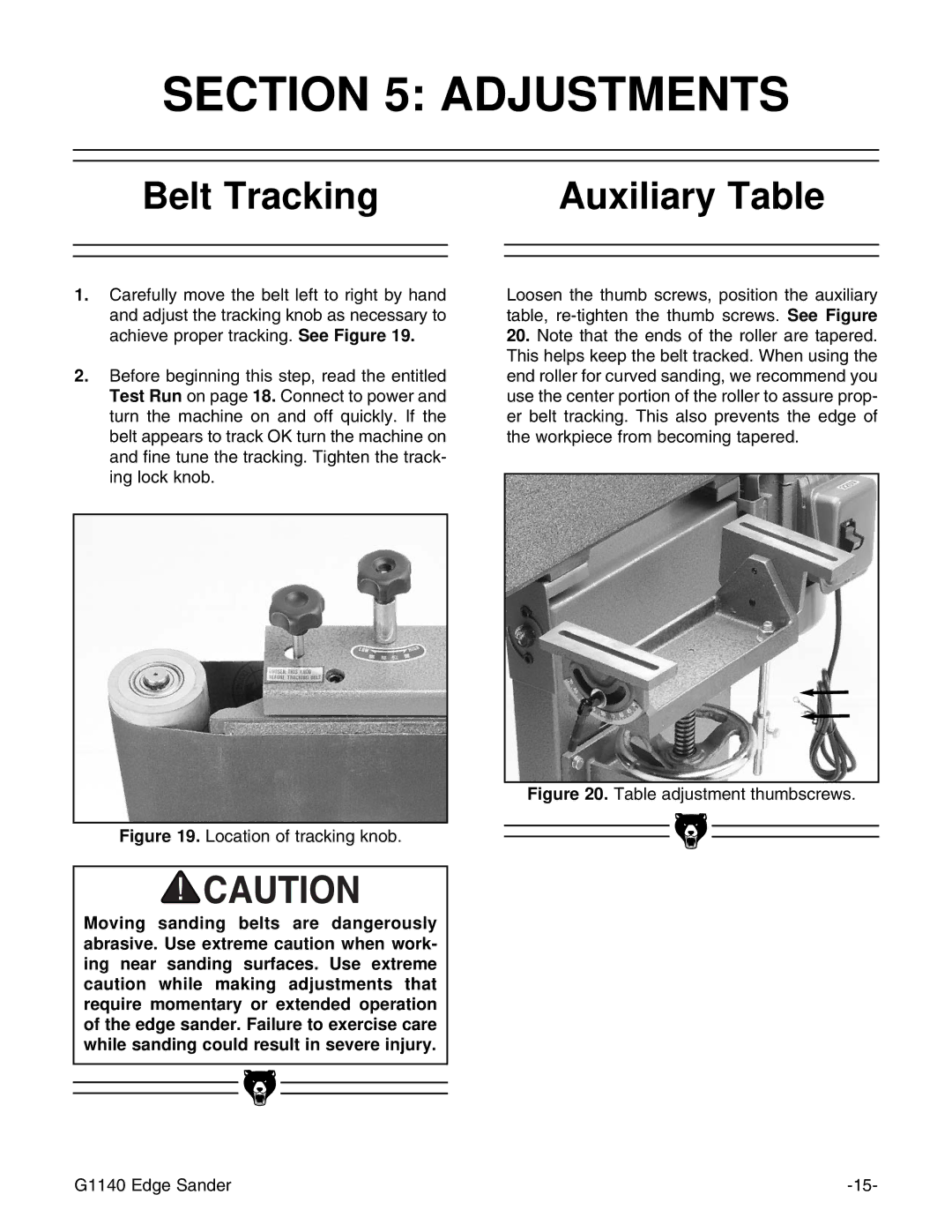 Grizzly G1140 instruction manual Adjustments, Belt Tracking Auxiliary Table 