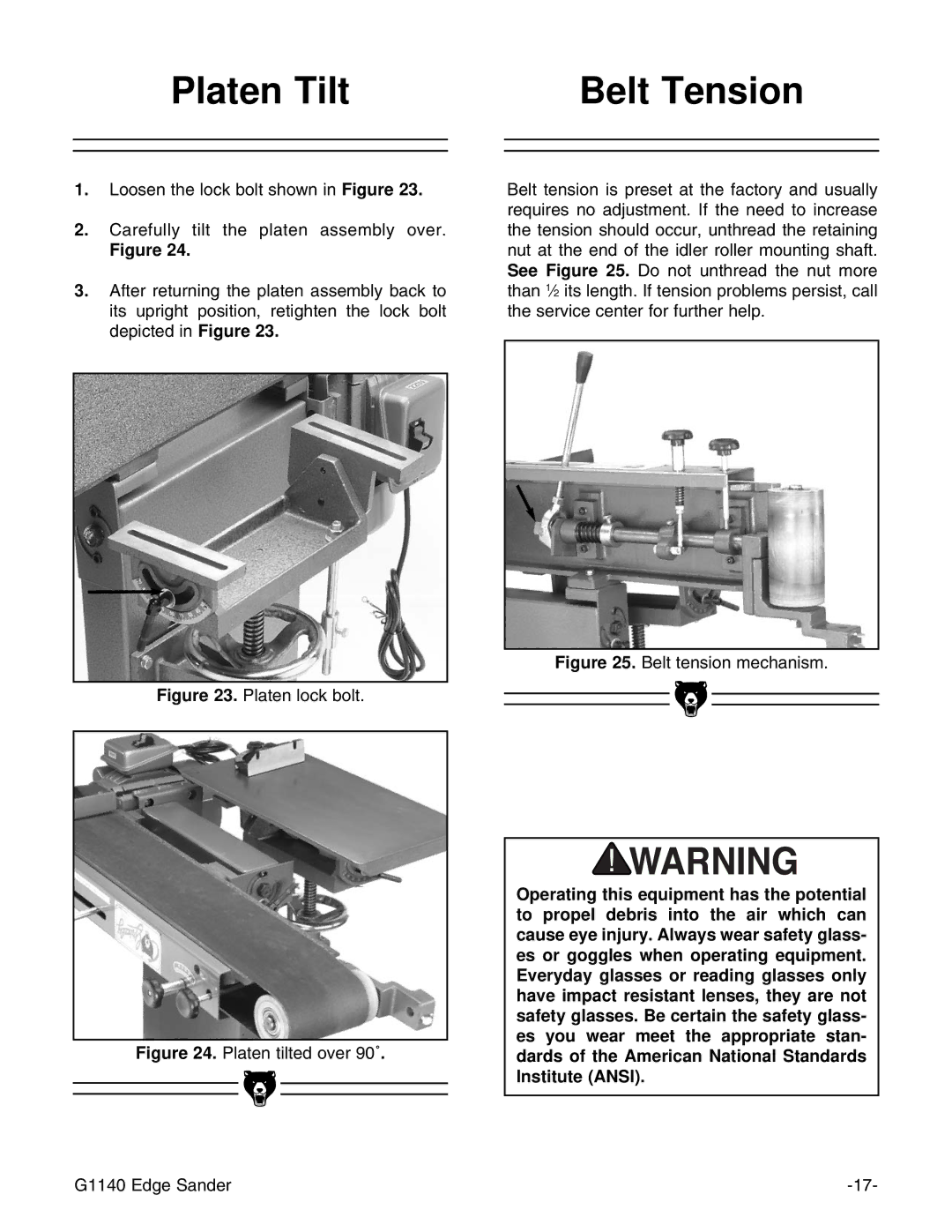 Grizzly G1140 instruction manual Platen Tilt Belt Tension, Platen lock bolt 