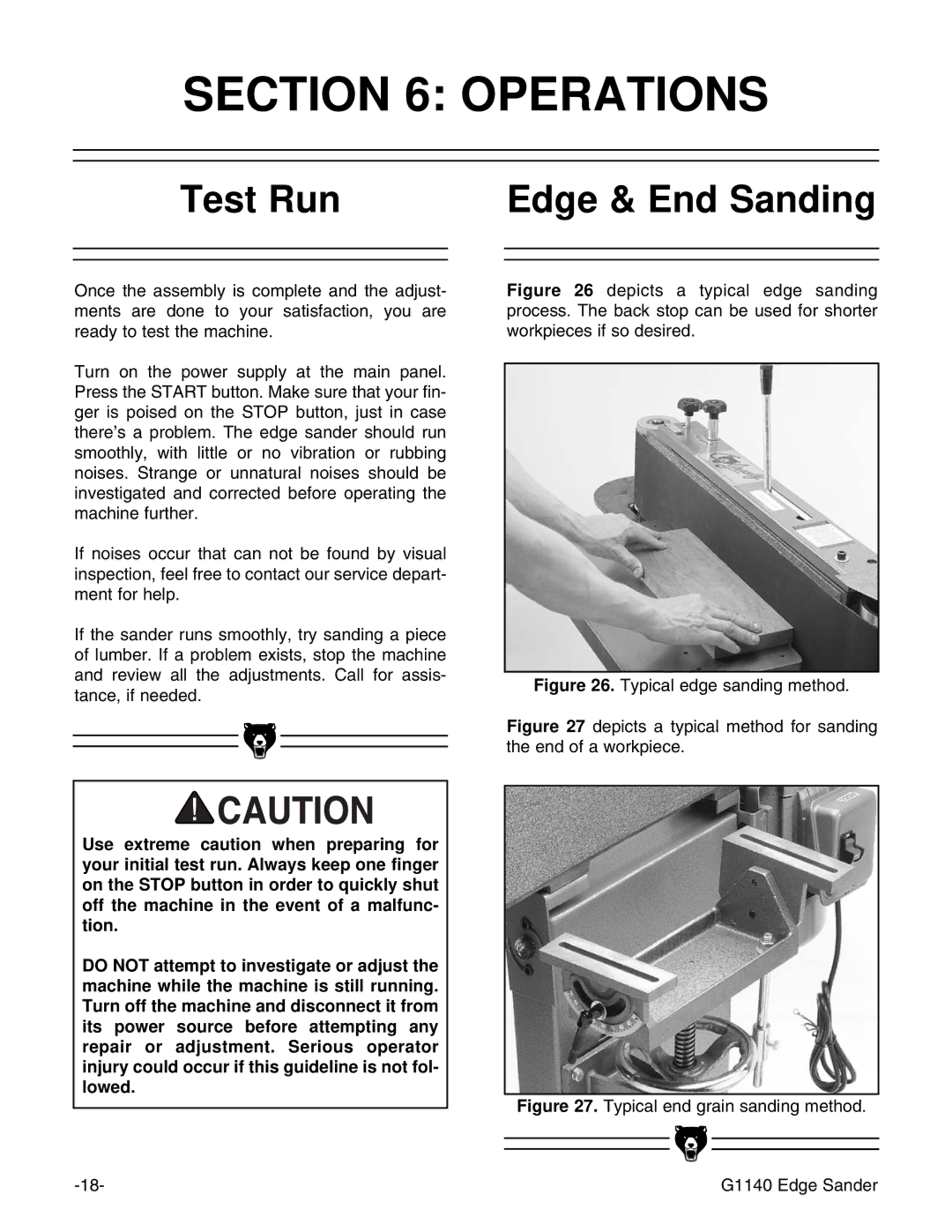 Grizzly G1140 instruction manual Operations, Test Run Edge & End Sanding 