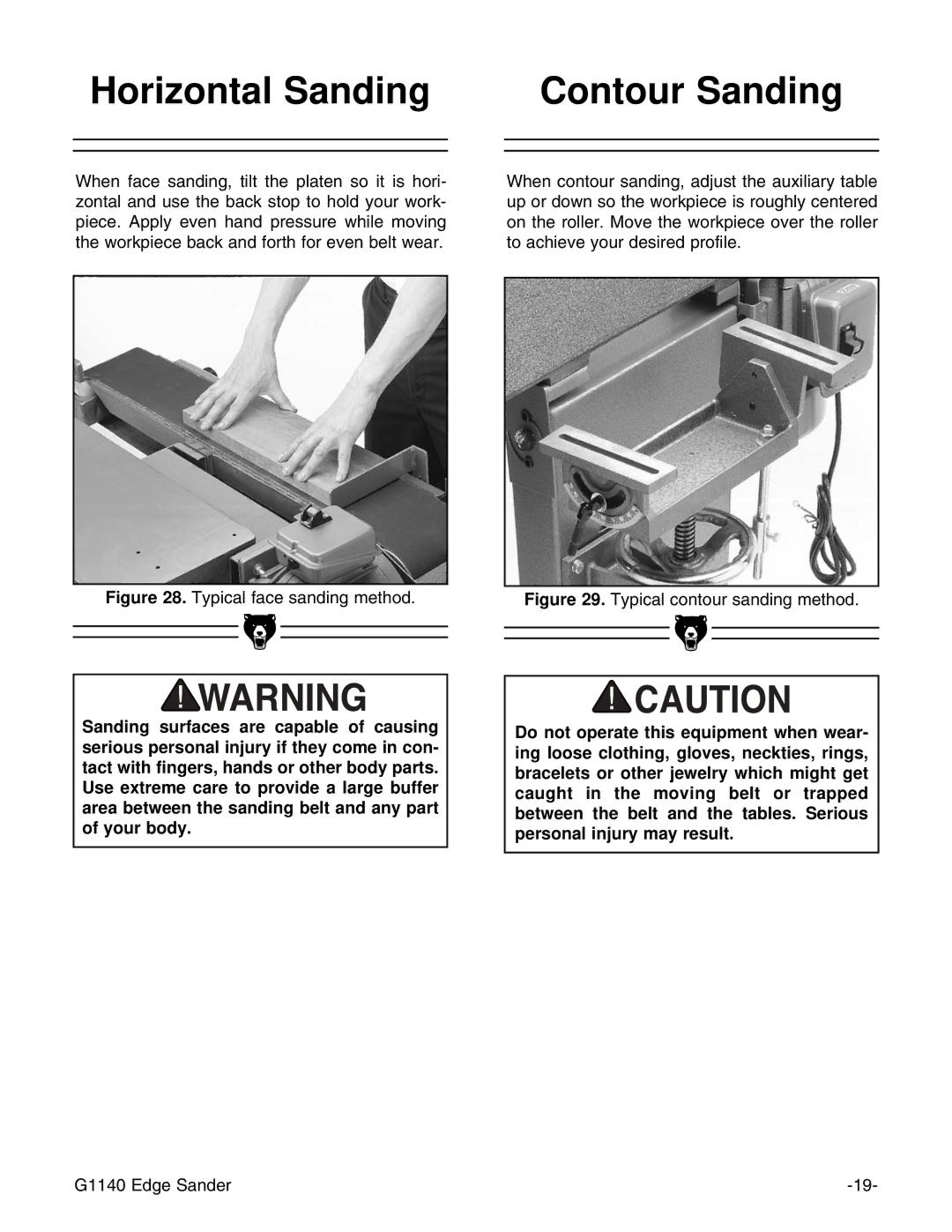 Grizzly G1140 instruction manual Horizontal Sanding Contour Sanding, Typical face sanding method 