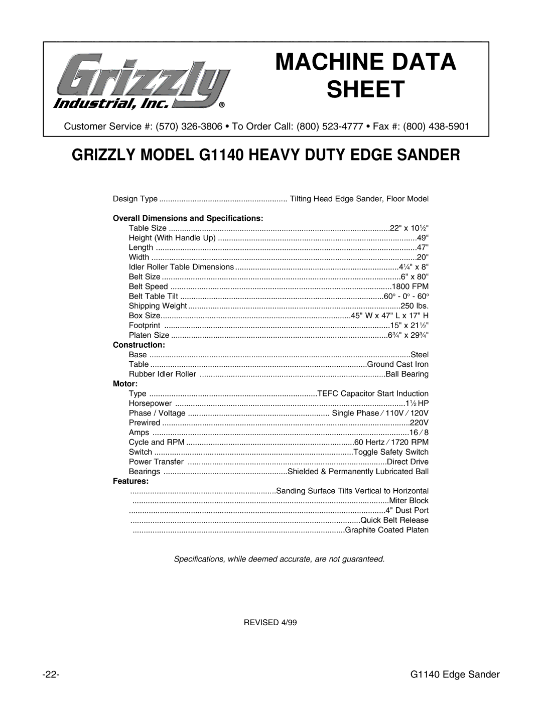 Grizzly G1140 instruction manual Machine Data 