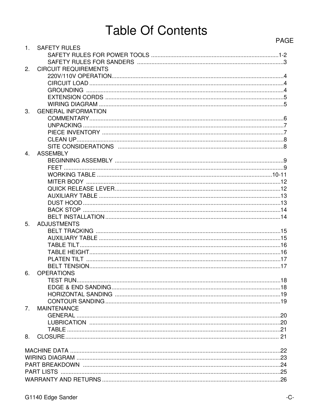 Grizzly G1140 instruction manual Table Of Contents 