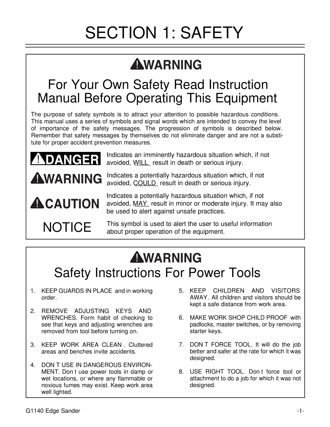 Grizzly G1140 instruction manual Safety Instructions For Power Tools 