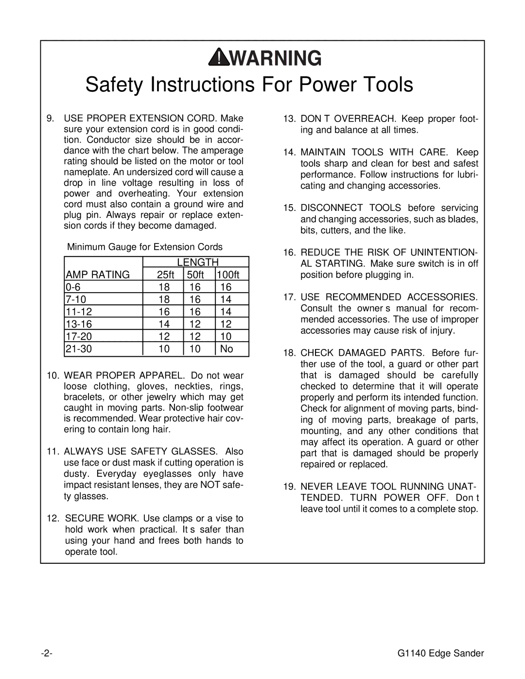 Grizzly G1140 instruction manual Length AMP Rating 