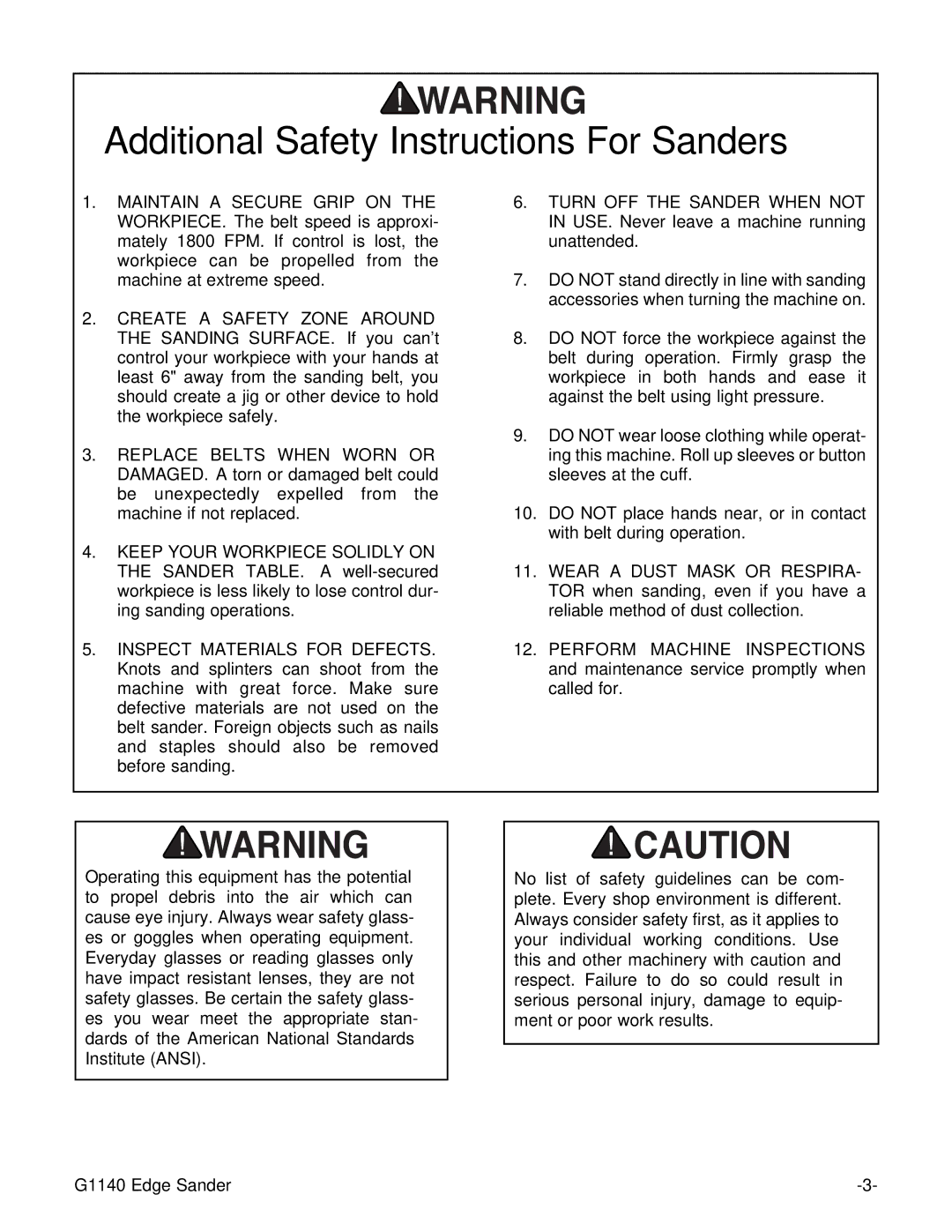 Grizzly G1140 instruction manual Additional Safety Instructions For Sanders 