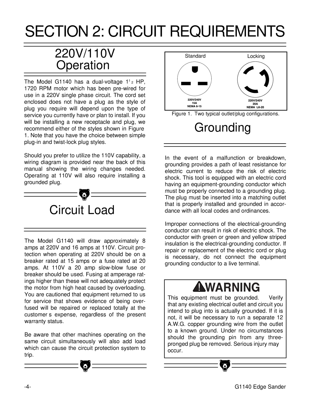 Grizzly G1140 instruction manual Circuit Requirements, 220V/110V Operation, Circuit Load, Grounding 