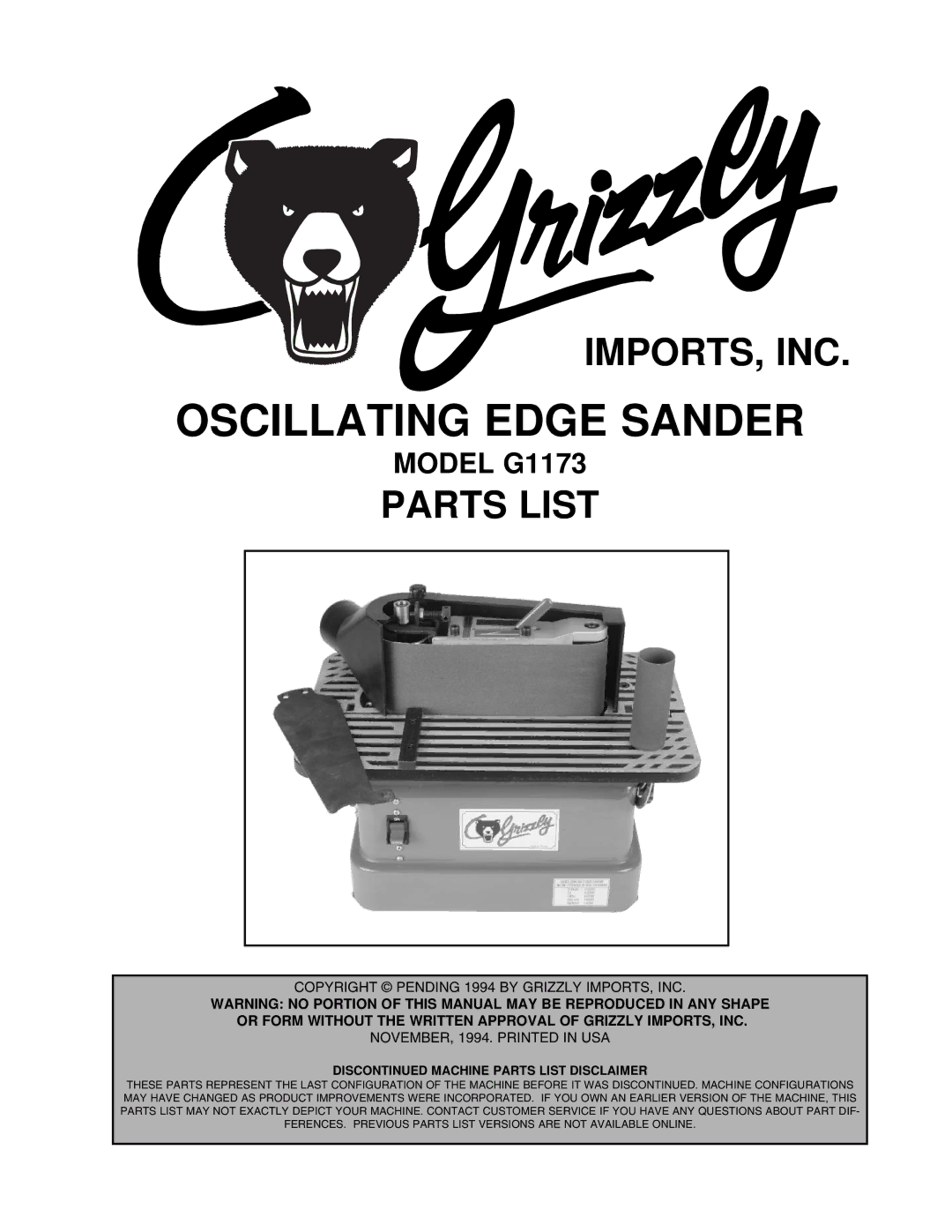 Grizzly G1173 manual Oscillating Edge Sander 