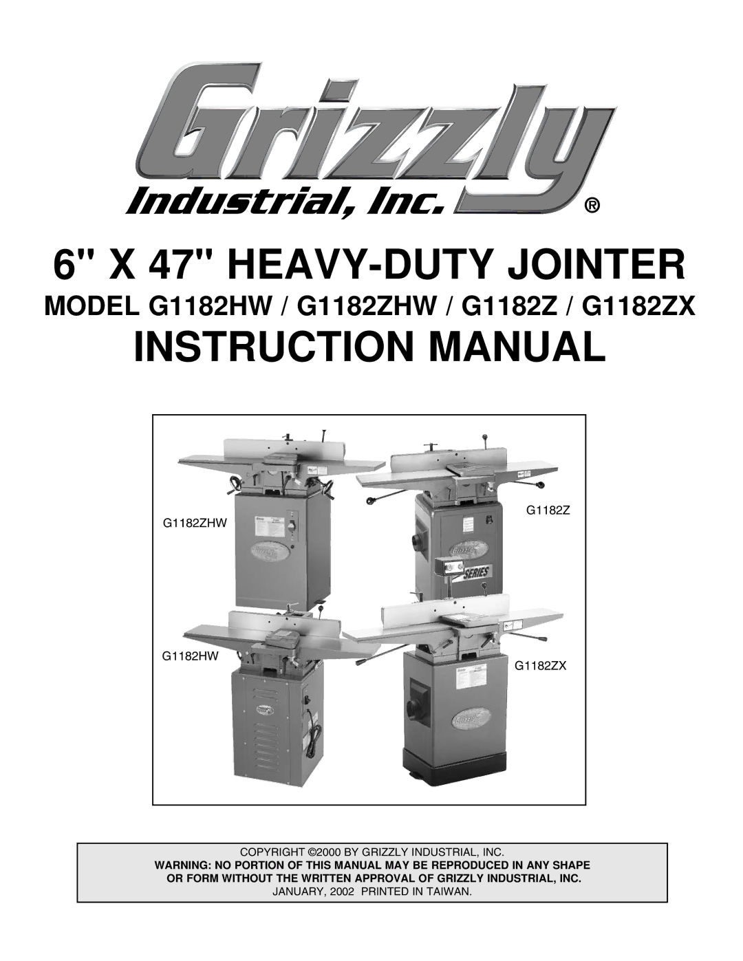 Grizzly G1182HW instruction manual HEAVY-DUTY Jointer 